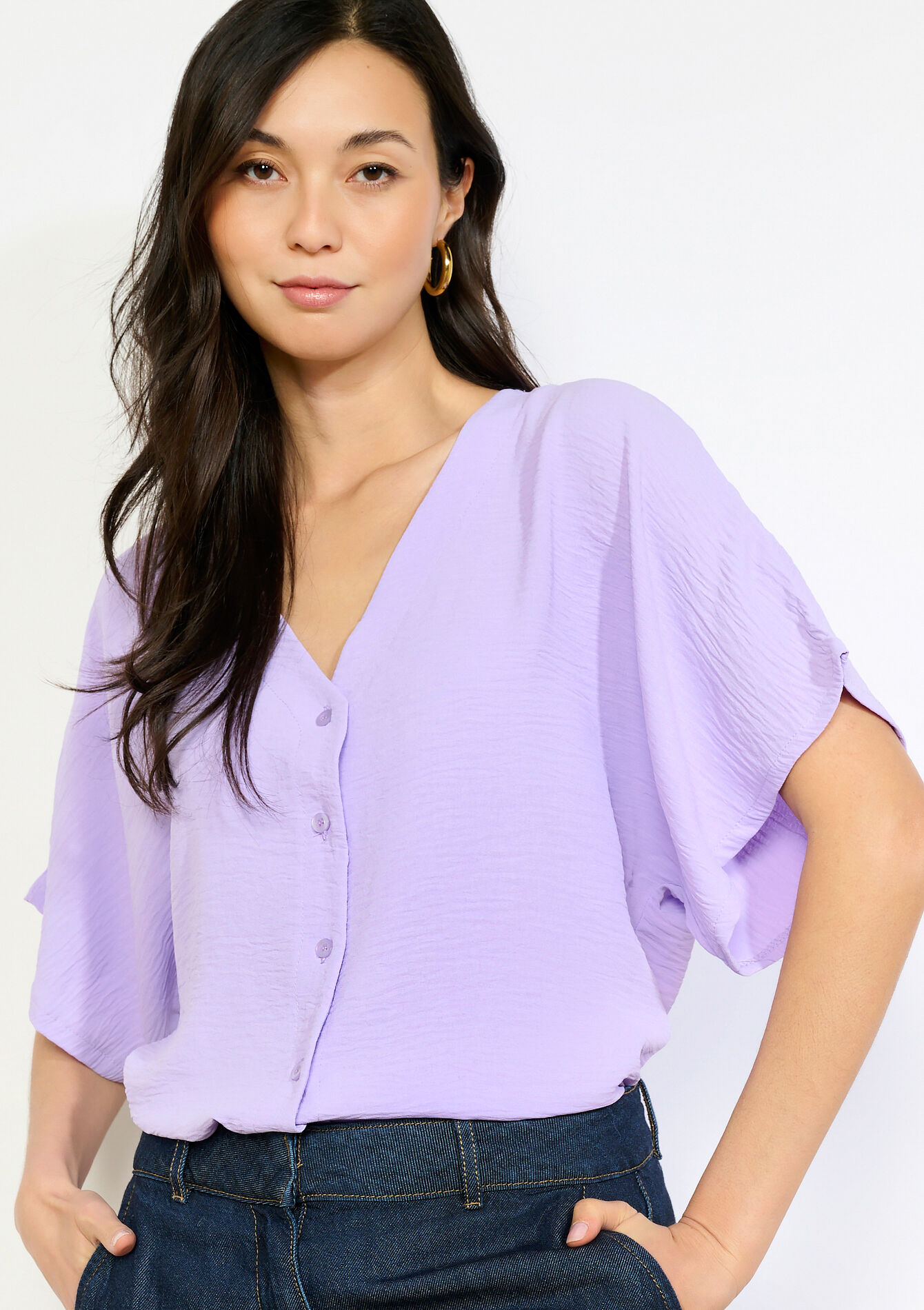 Losvallende blouse met korte mouwen - LILAC BRIGHT - 05703048_2578