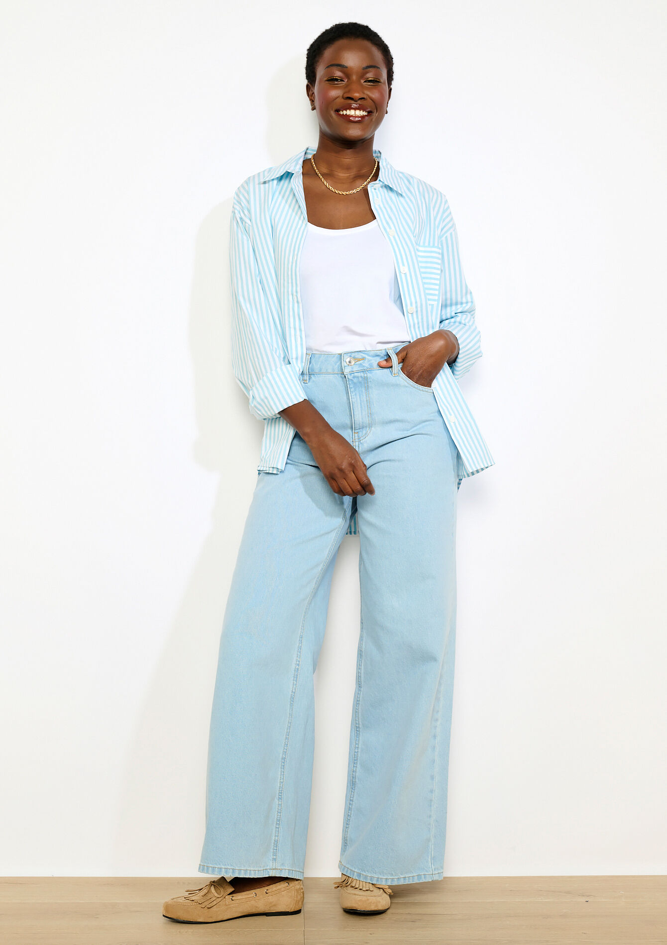 High-waist wide jeans - BLUE BLEACHED - 22000656_0502