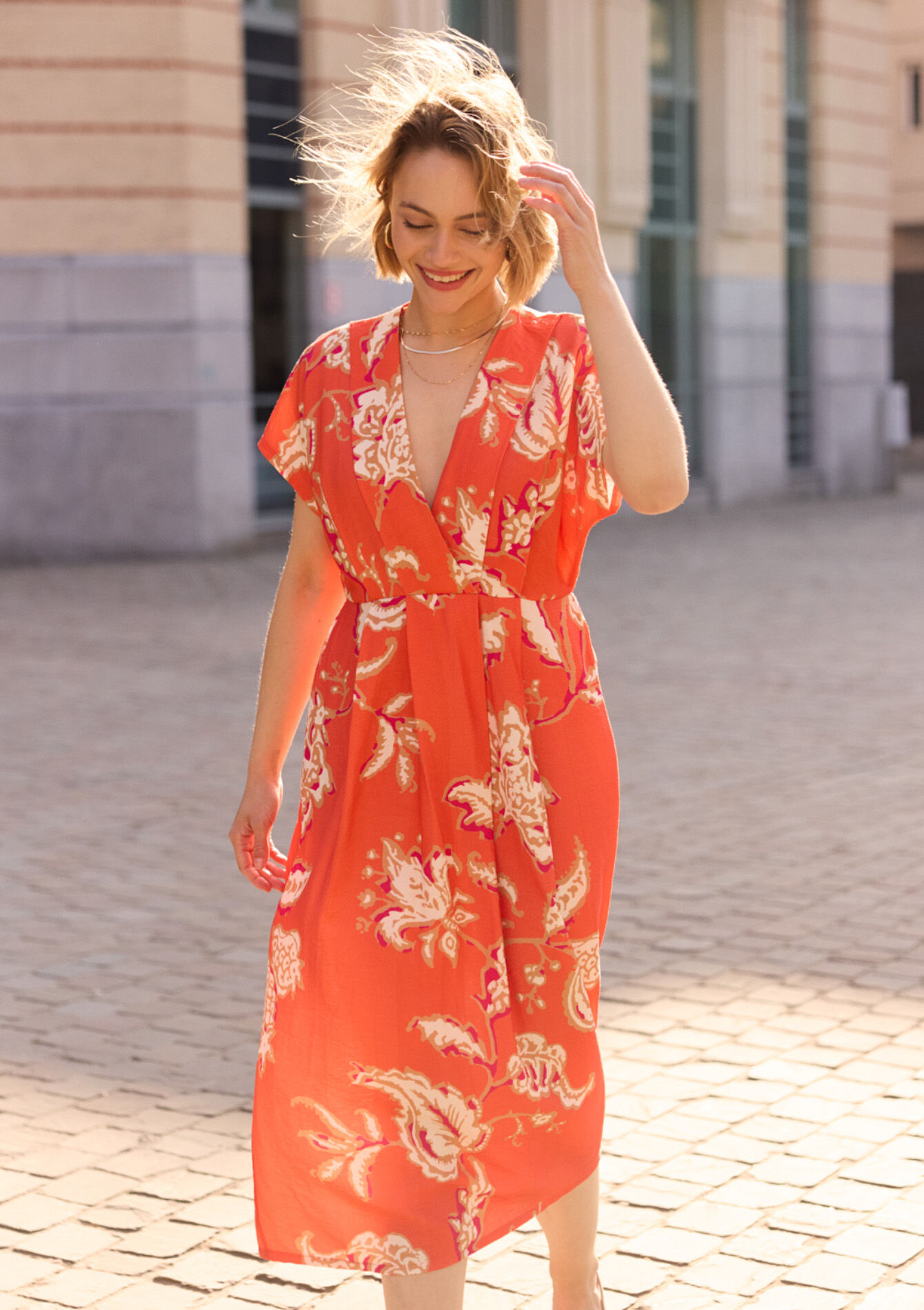 Losvallende midi-jurk met print, Losvallende midi-jurk met print - ORANGE BRIGHT - 08104090_1255