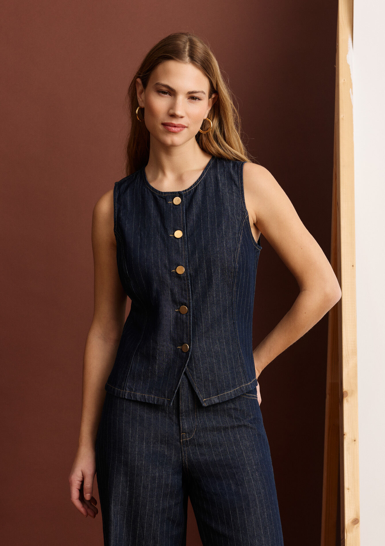 Fitted striped denim vest, Fitted striped denim vest, , back