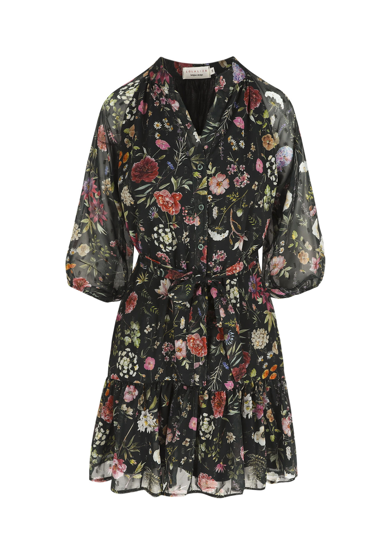 Floral belted short dress - BOTTLE GREEN - 08104310_1778