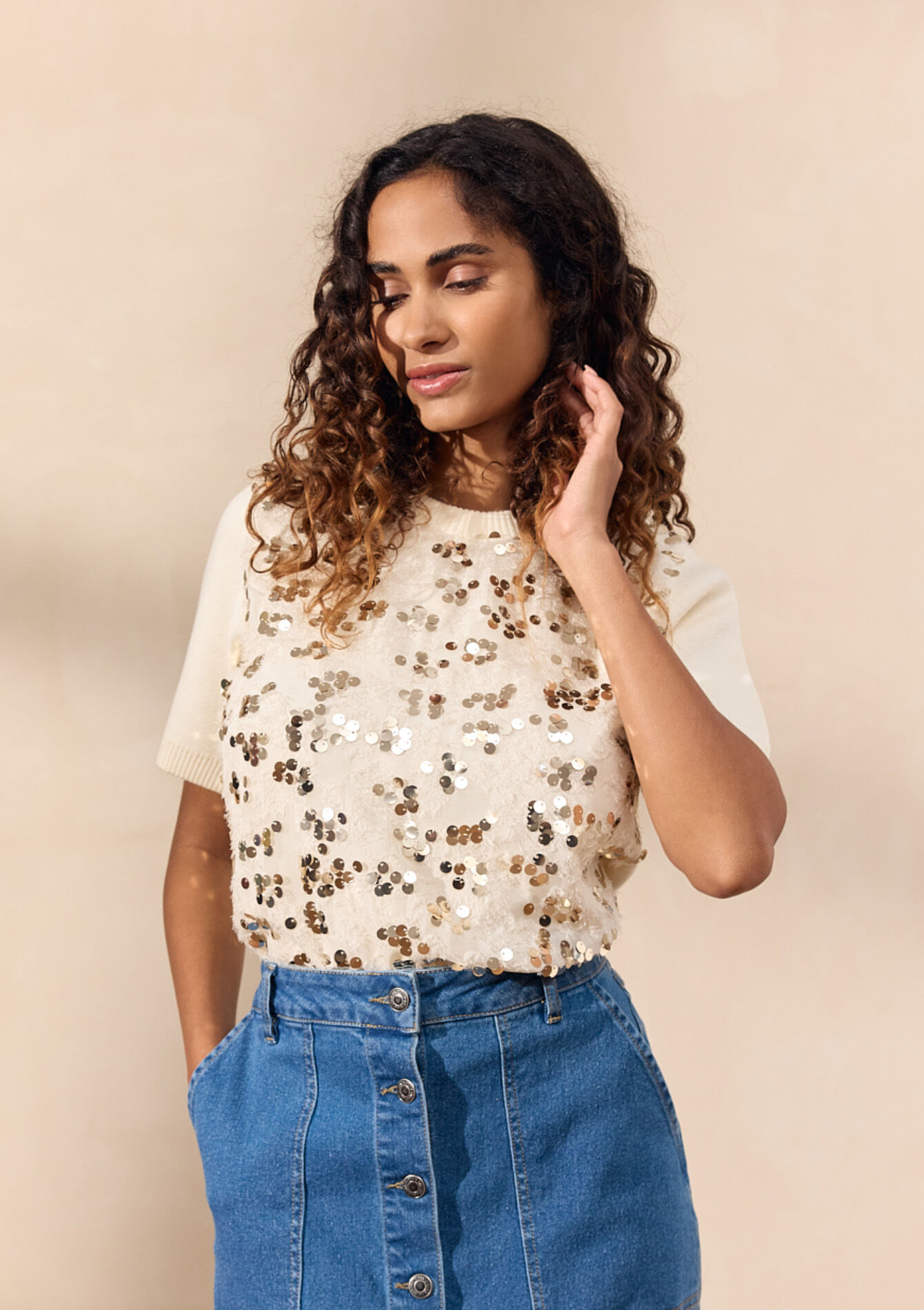 T-shirt with sequins, T-shirt with sequins - OFFWHITE - 04006840_1001