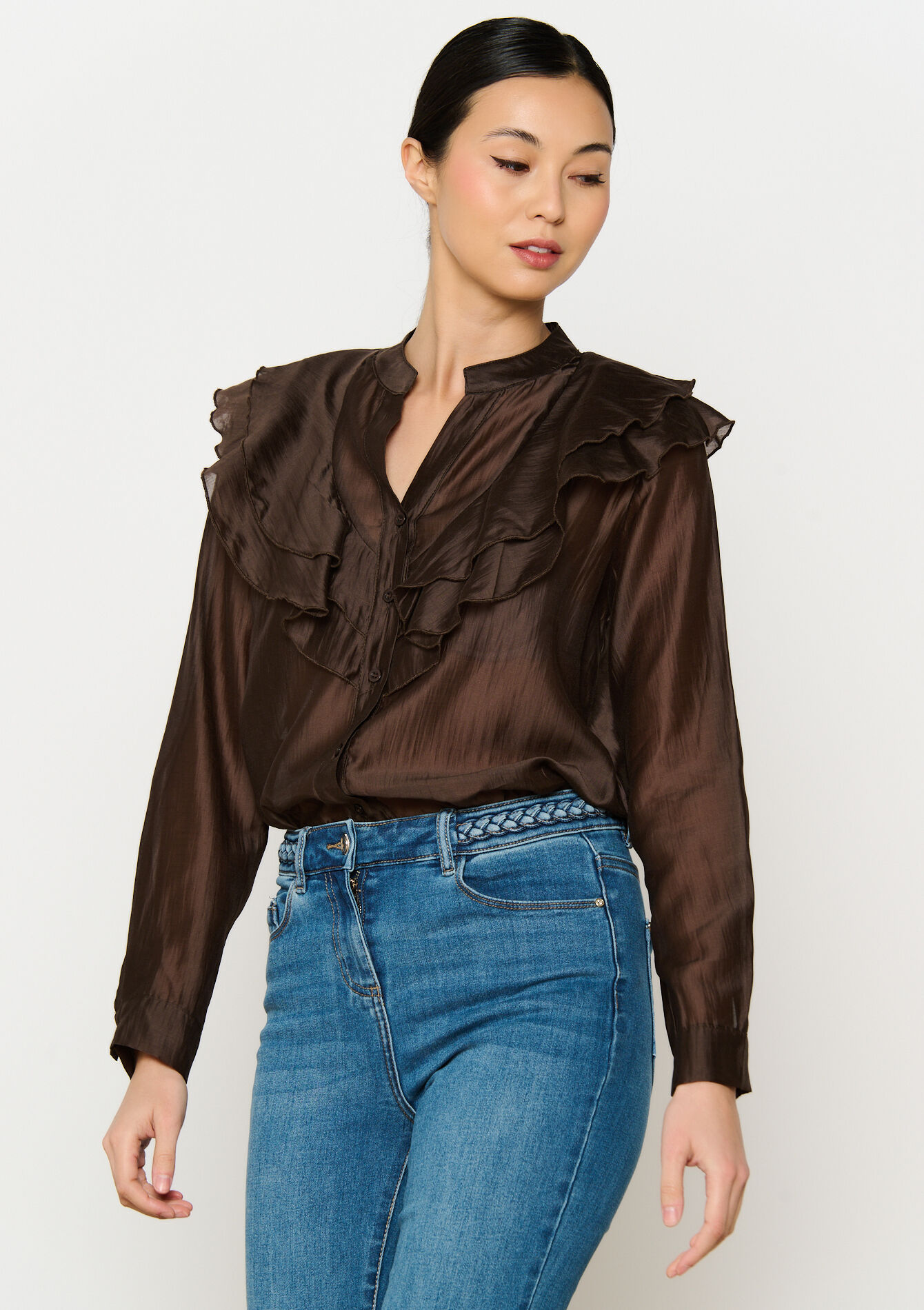 Shirt with ruffles, Shirt with ruffles - BROWN DARK CHOCOLATE - 05702752_3720