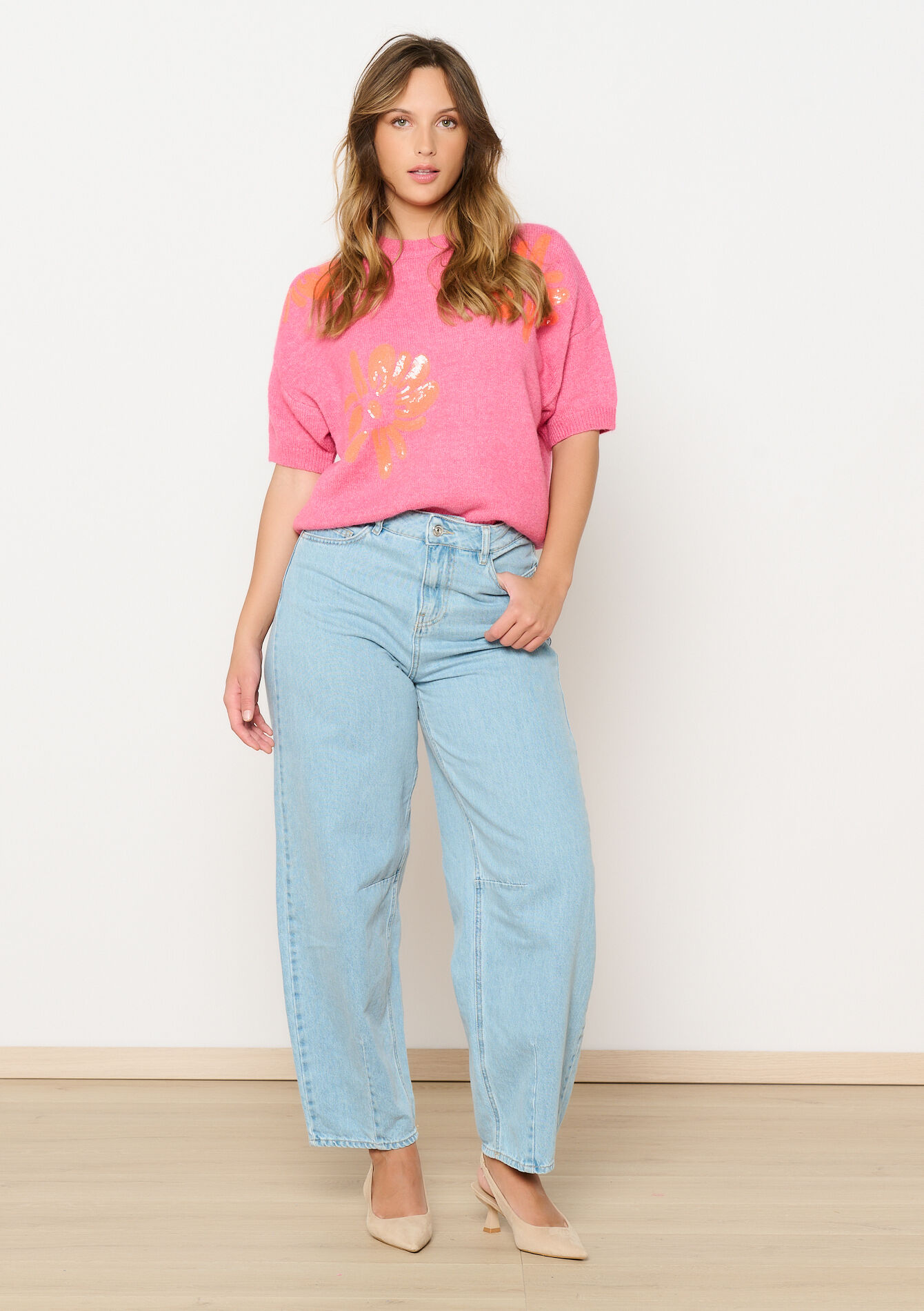 Geborduurde bloemen trui - FUCHSIA - 04006843_5626