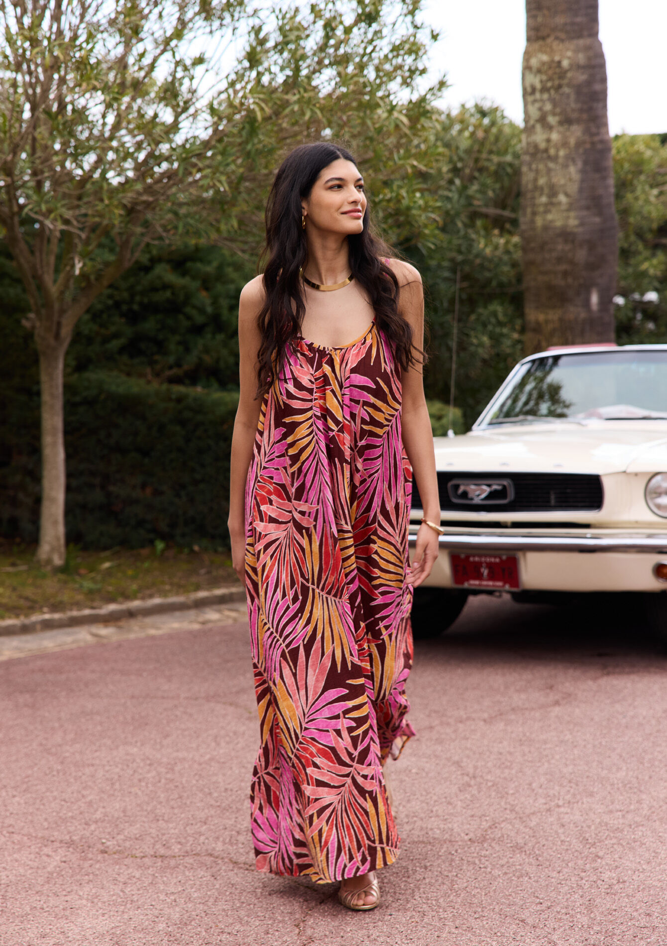 Tropical print maxi dress - BROWN DARK CHOCOLATE - 1131238