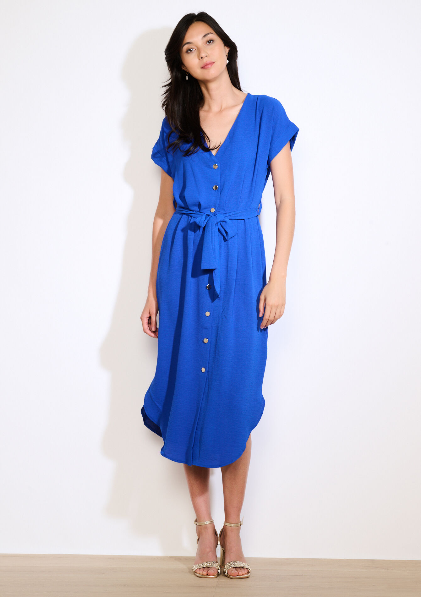 Midi-jurk met knopen en ceintuur, Midi-jurk met knopen en ceintuur - ELECTRIC BLUE - 08104256_1619