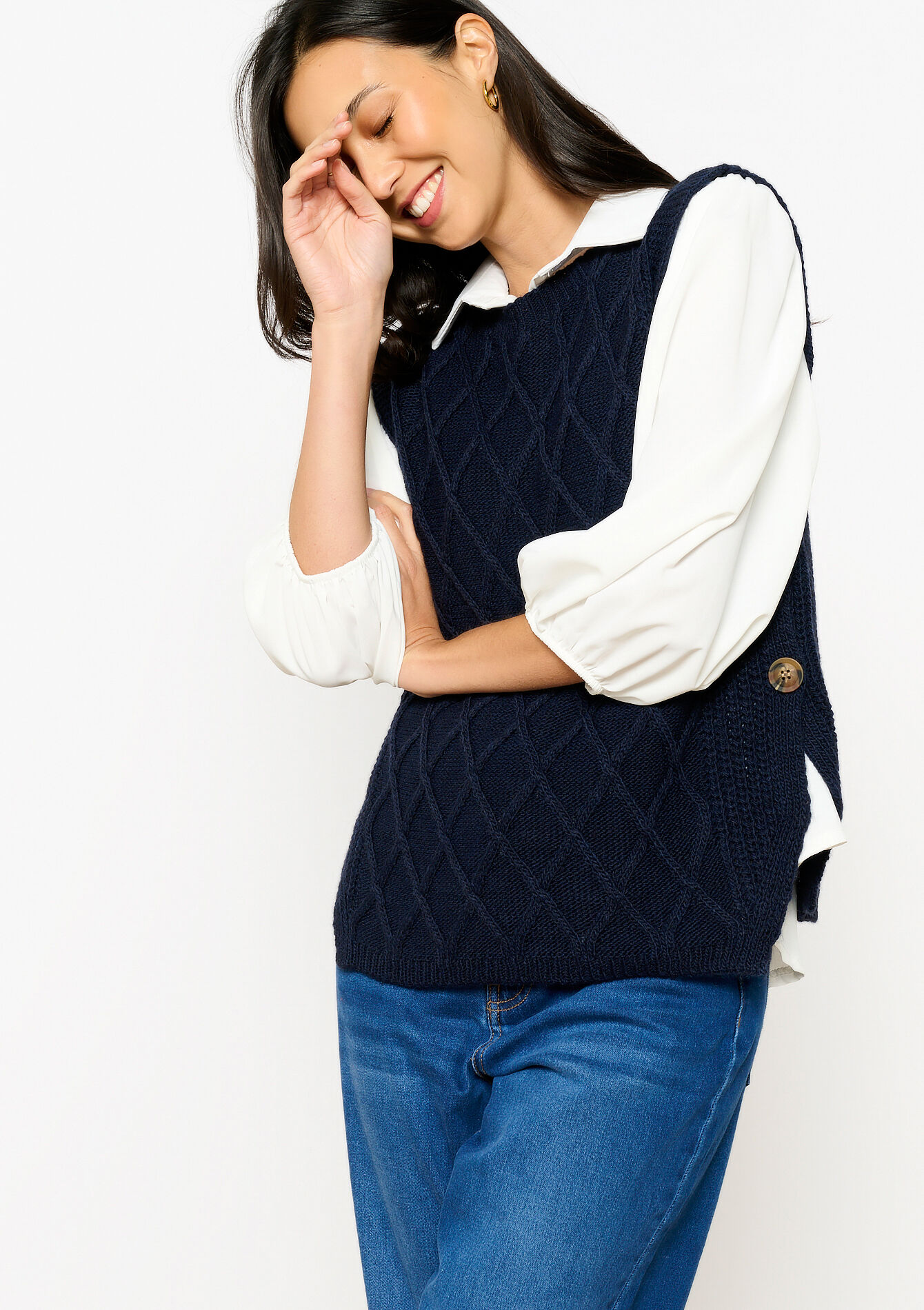 Pull sans manches en maille torsadée, Pull sans manches en maille torsadée - NAVY BASIC - 04006765_2723