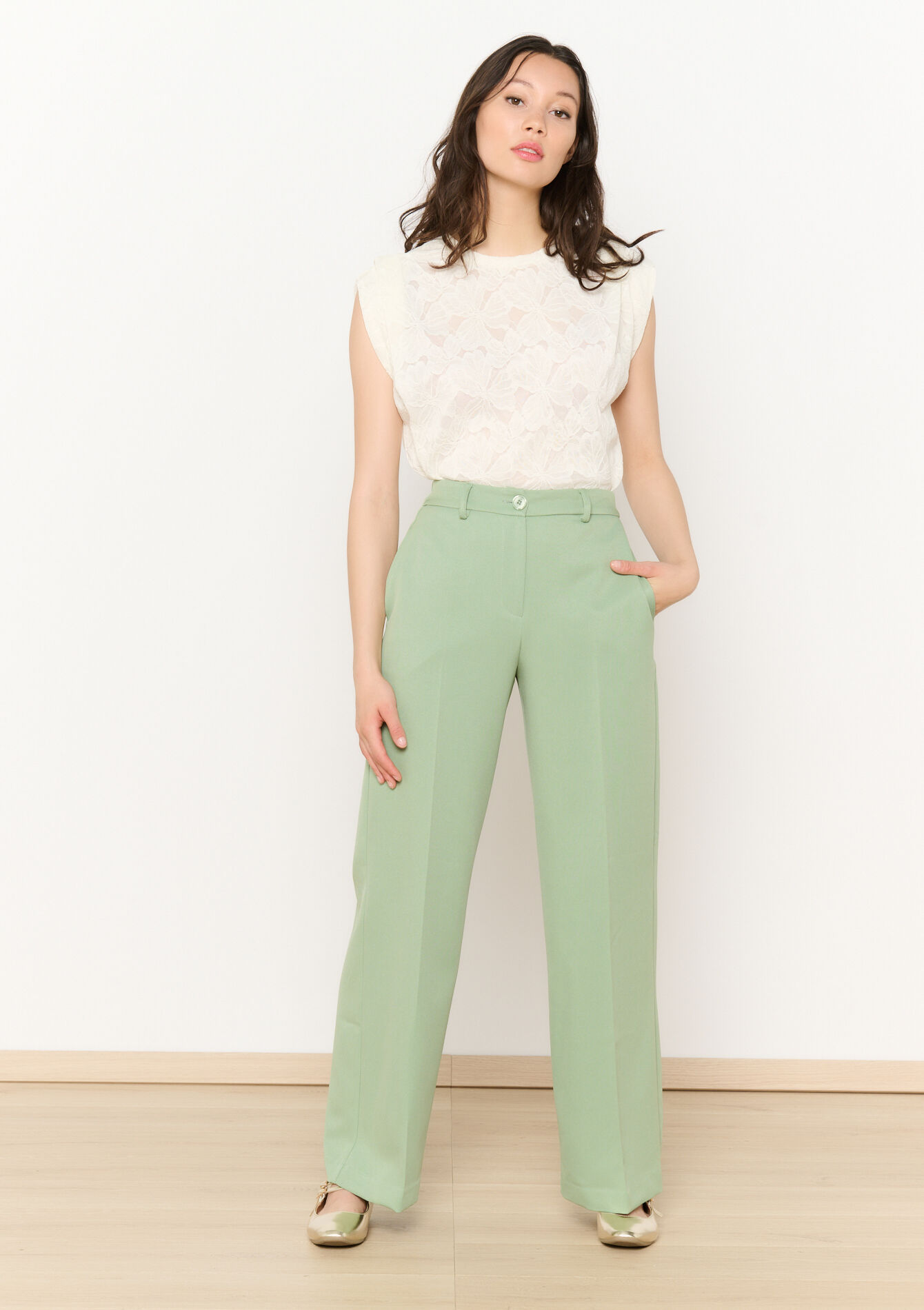 Wide leg broek in twill, Wide leg broek in twill - MINT GREEN - 06600957_1723