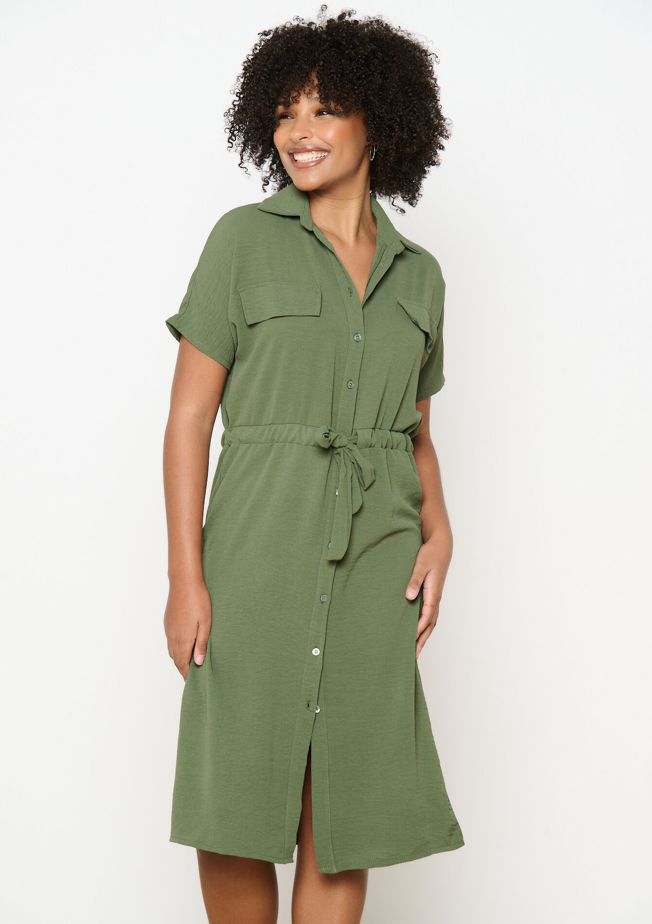 Robe-chemise mi-longue, Robe-chemise mi-longue - KHAKI MED - 08104038_4327