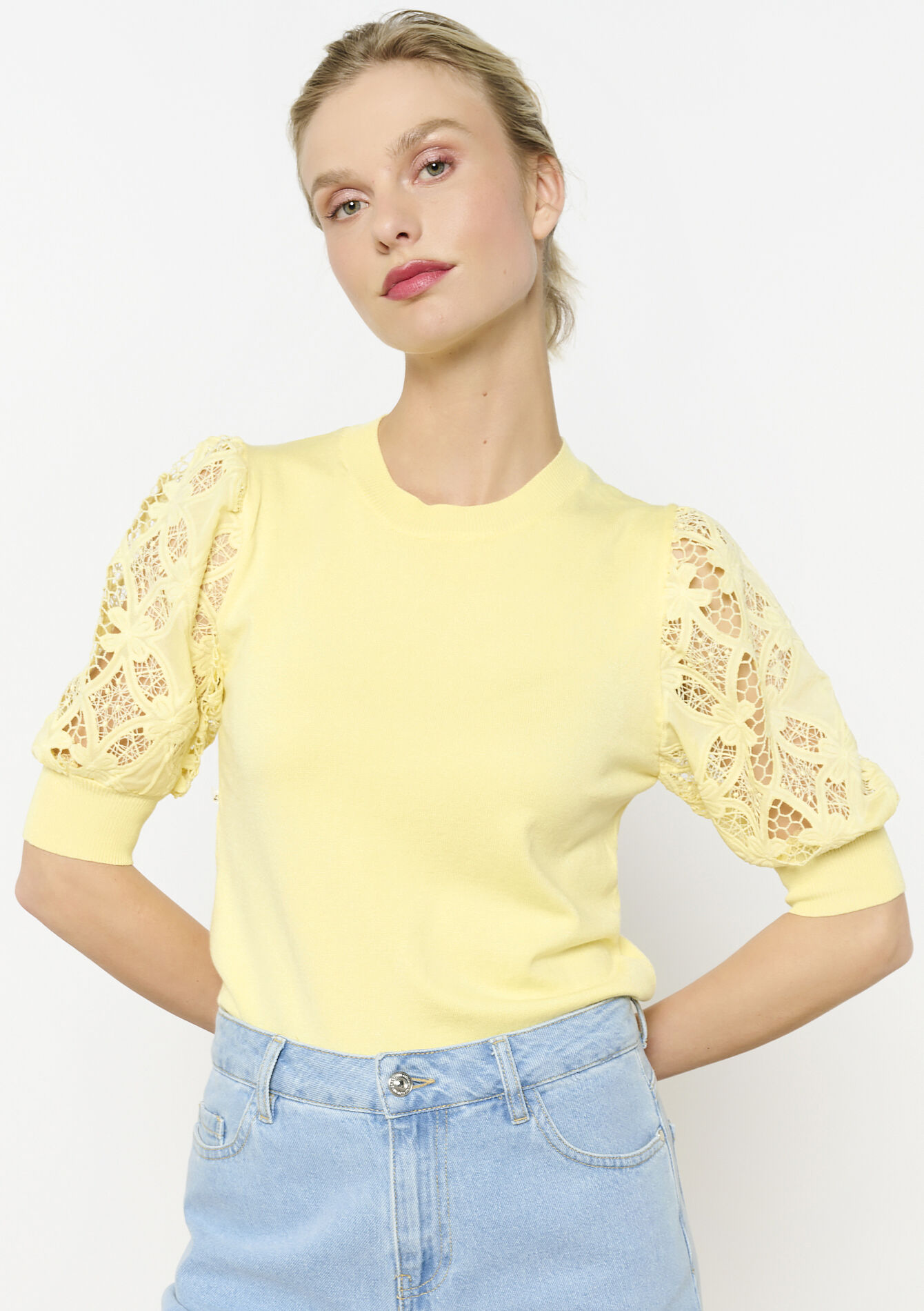 Trui met kanten mouwen, Trui met kanten mouwen - YELLOW PASTEL - 04006832_5004