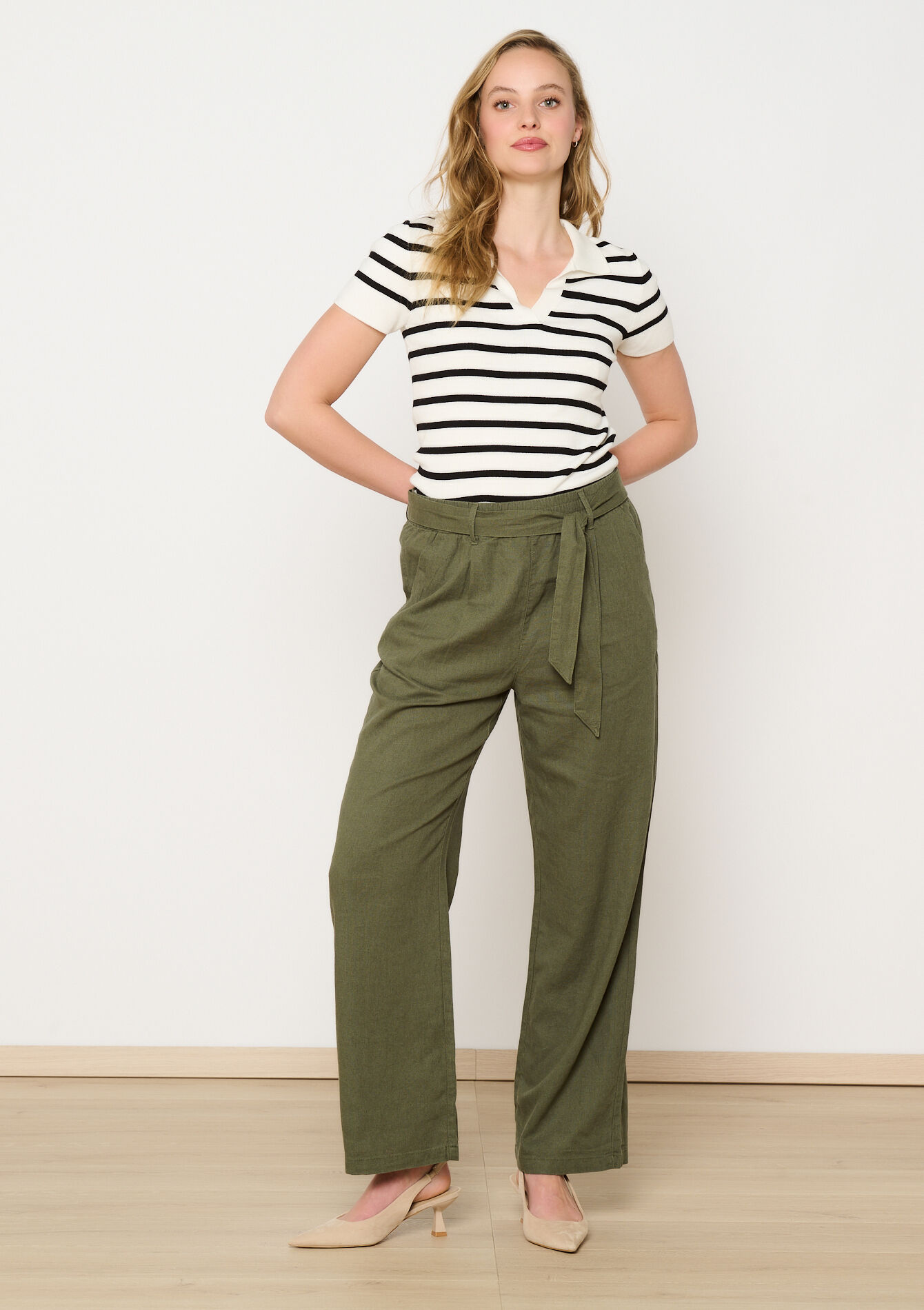 Linen pants with belt - KHAKI MED - 1116686