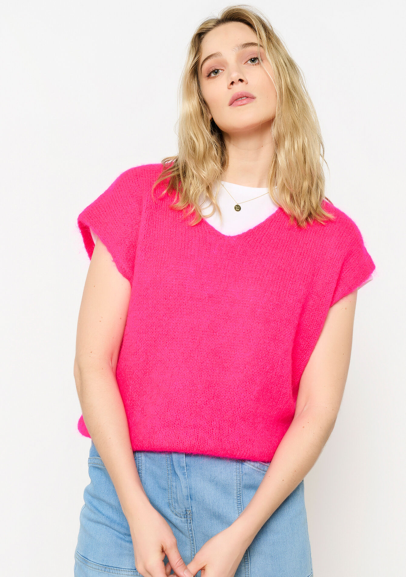 Mohair trui met korte mouwen, Mohair trui met korte mouwen - FLUO PINK - 04006894_5727