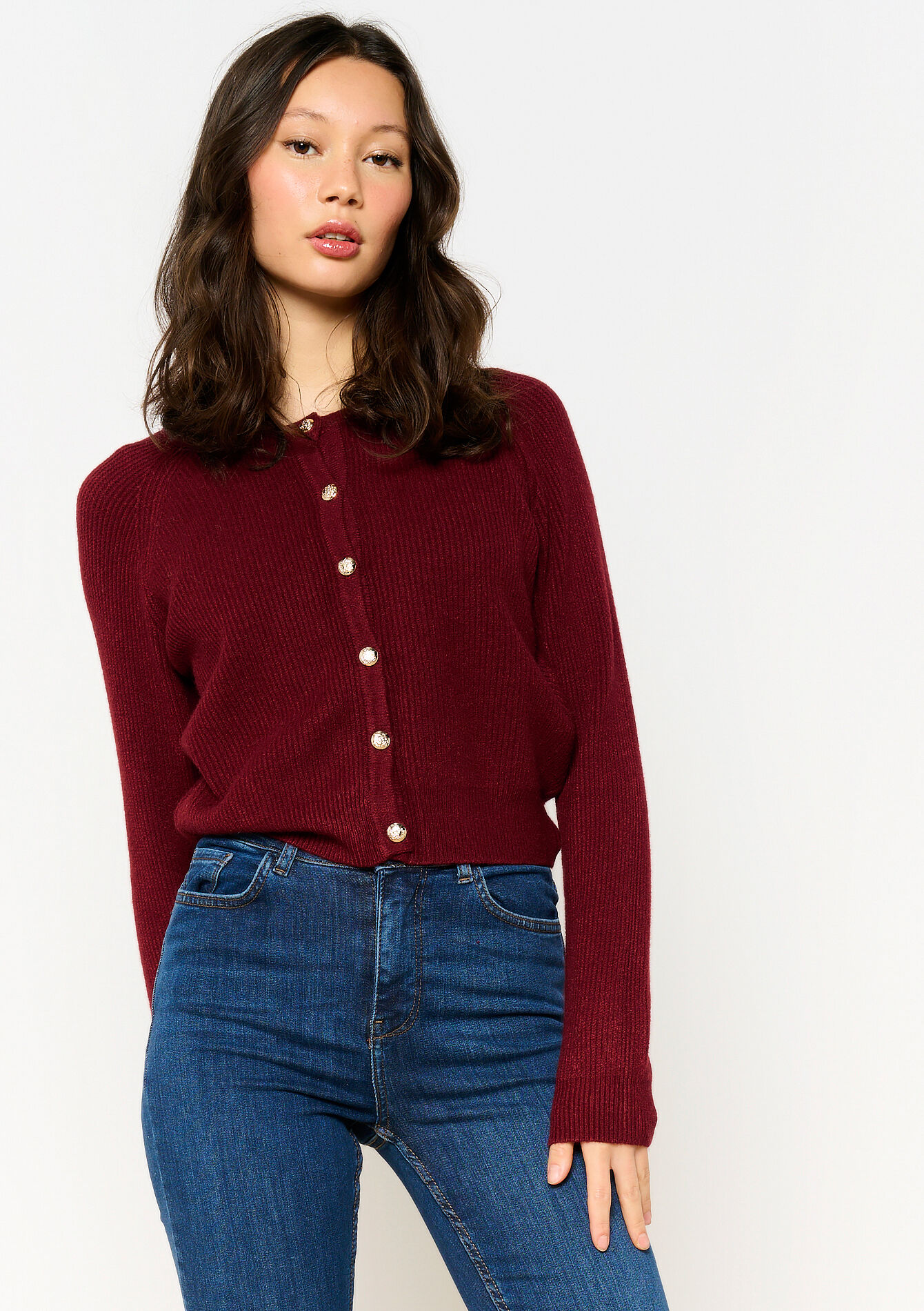 Ribbed cardigan with round neckline, Ribbed cardigan with round neckline - BORDEAUX WINE - 04101253_5514
