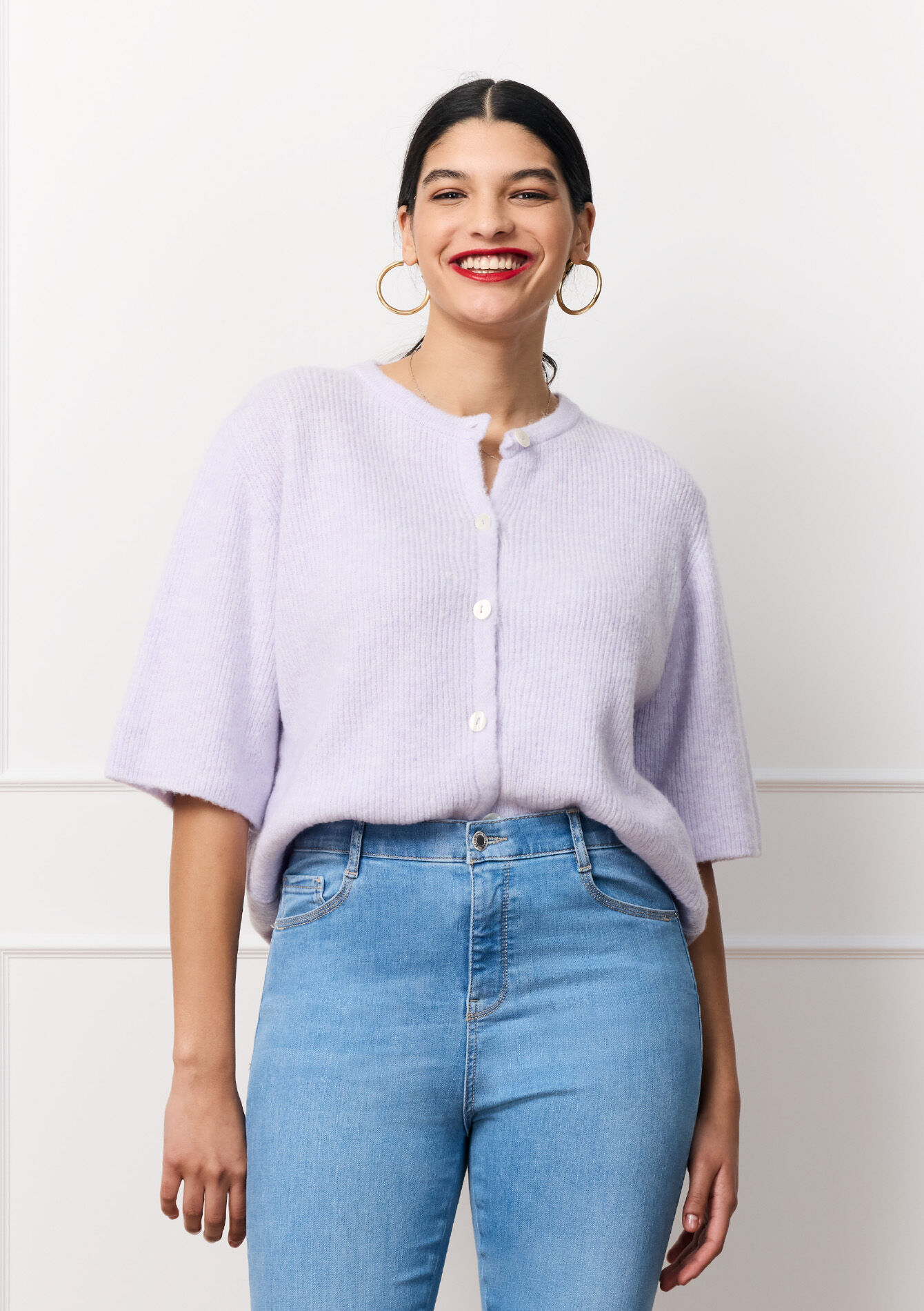 Cardigan met korte mouwen, Cardigan met korte mouwen - LILAC BRIGHT - 04101296_2578