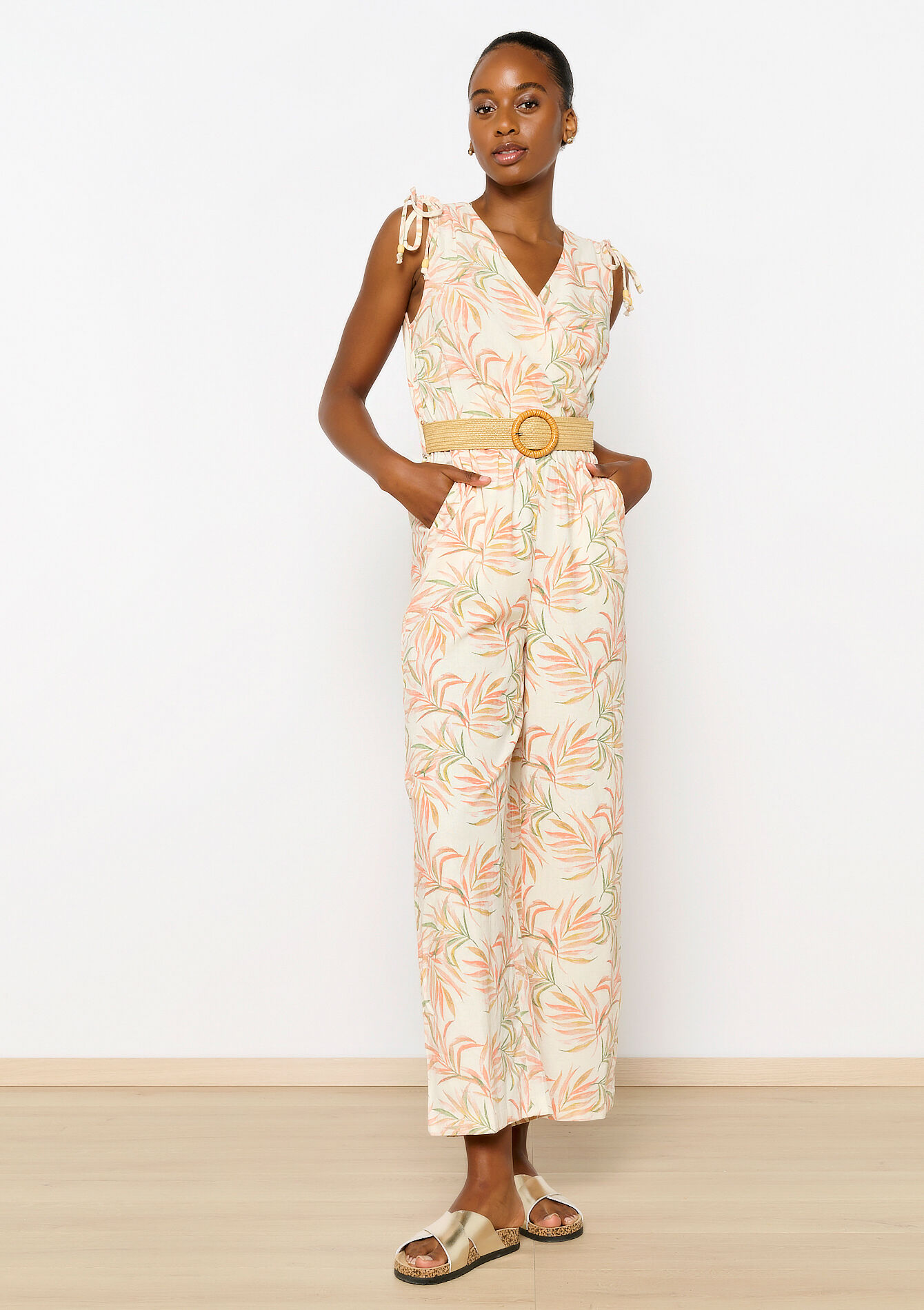 Linen jumpsuit with leaf print, Linen jumpsuit with leaf print - OFFWHITE - 06004473_1001