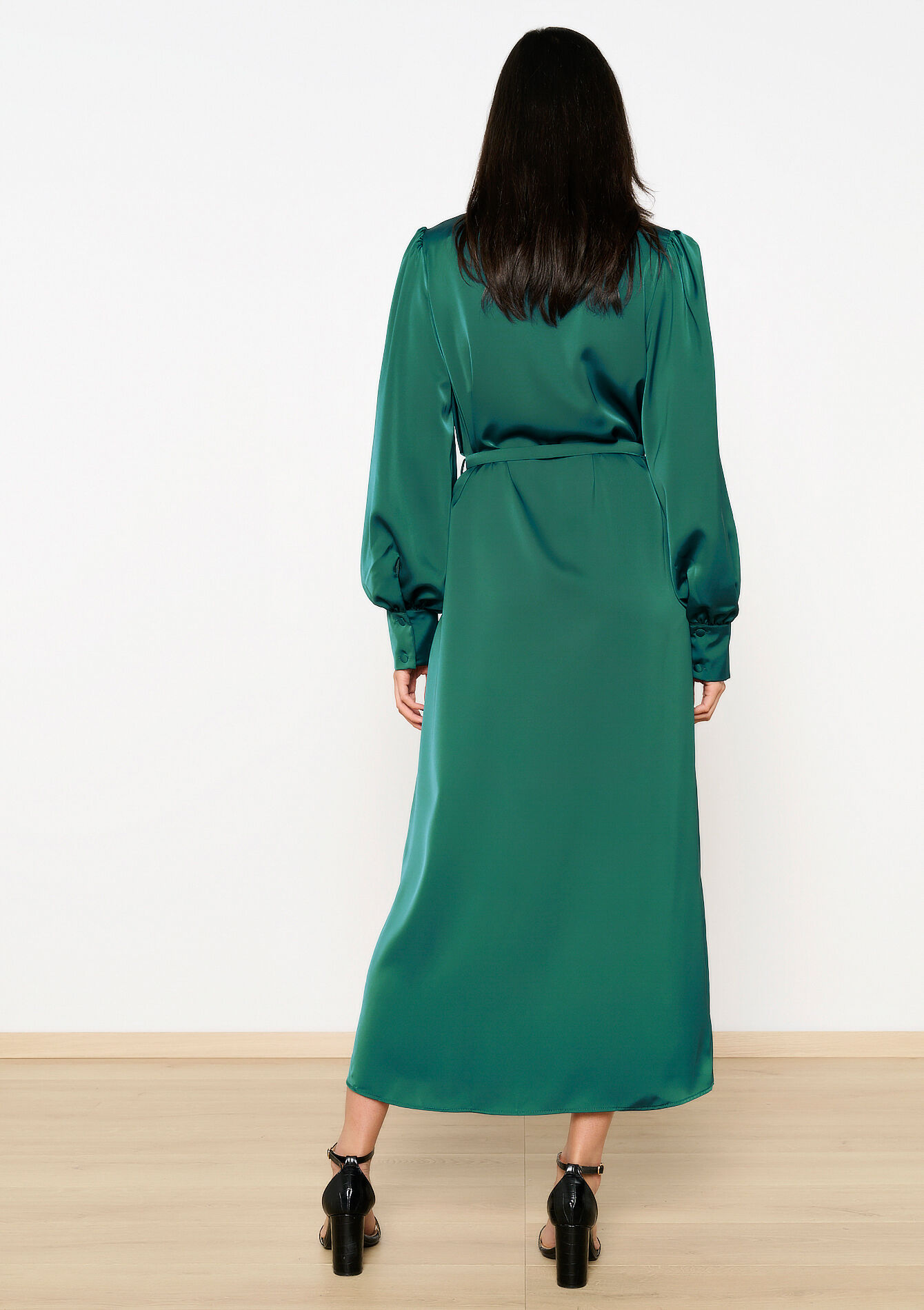 Satin dress with belt, Satin dress with belt - BOTTLE GREEN - 08103853_1778