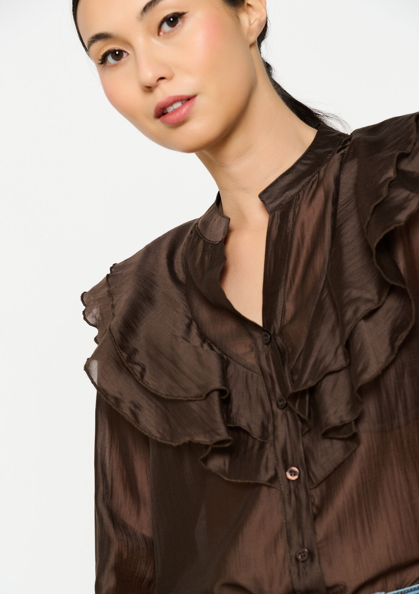Shirt with ruffles, Shirt with ruffles - BROWN DARK CHOCOLATE - 05702752_3720
