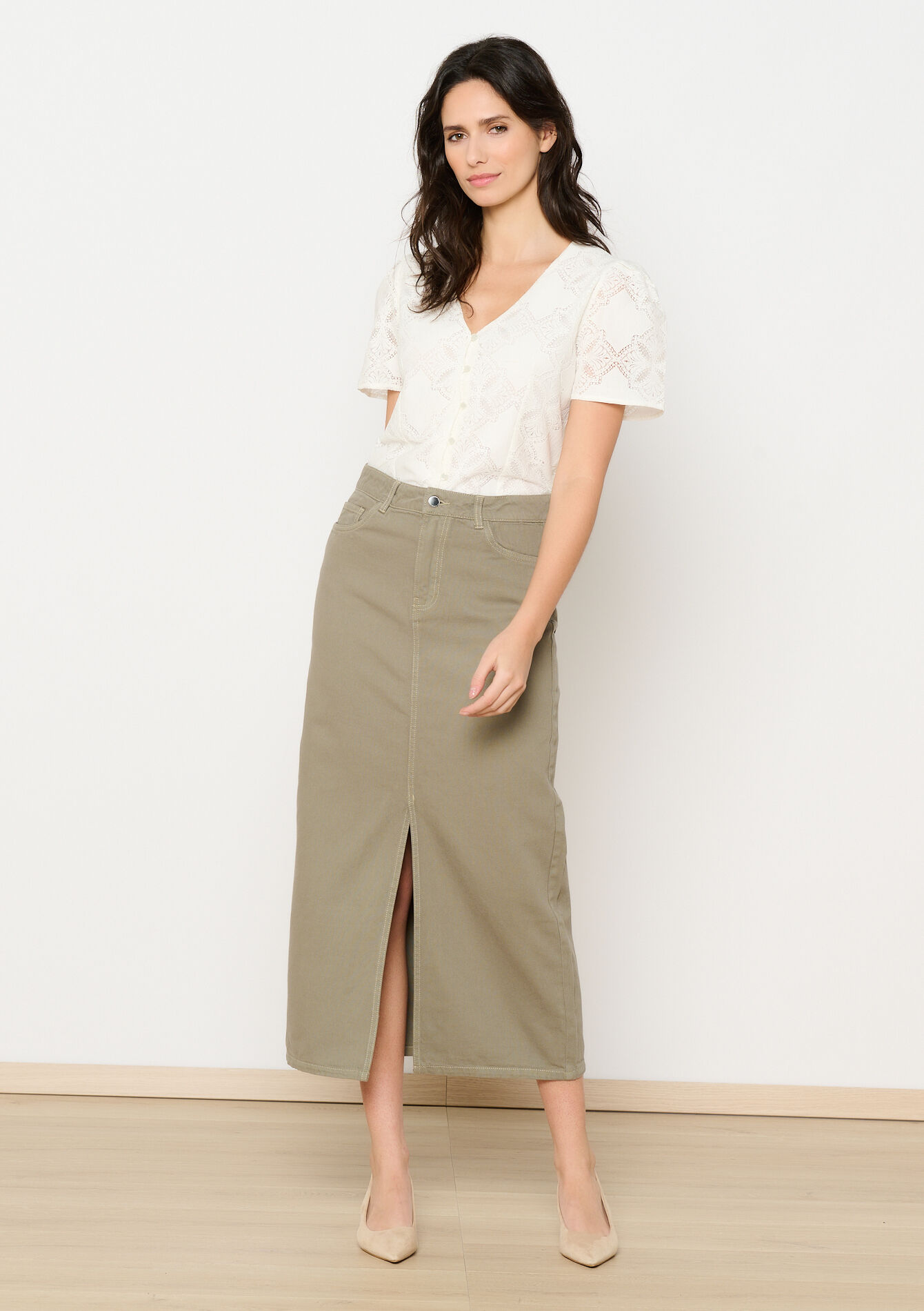 Maxirok met split - KHAKI MED - 07101295_4327