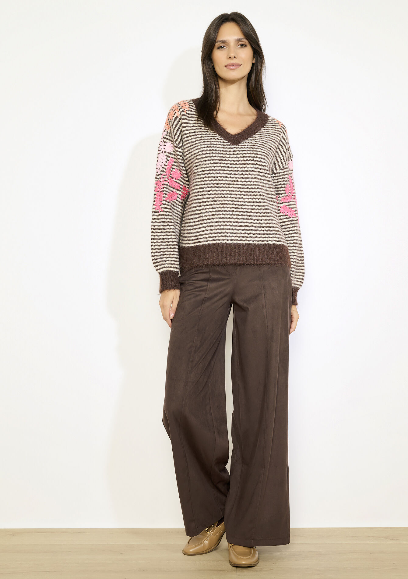 Pull rayé brodé - BROWN DARK CHOCOLATE - 04007063_3720
