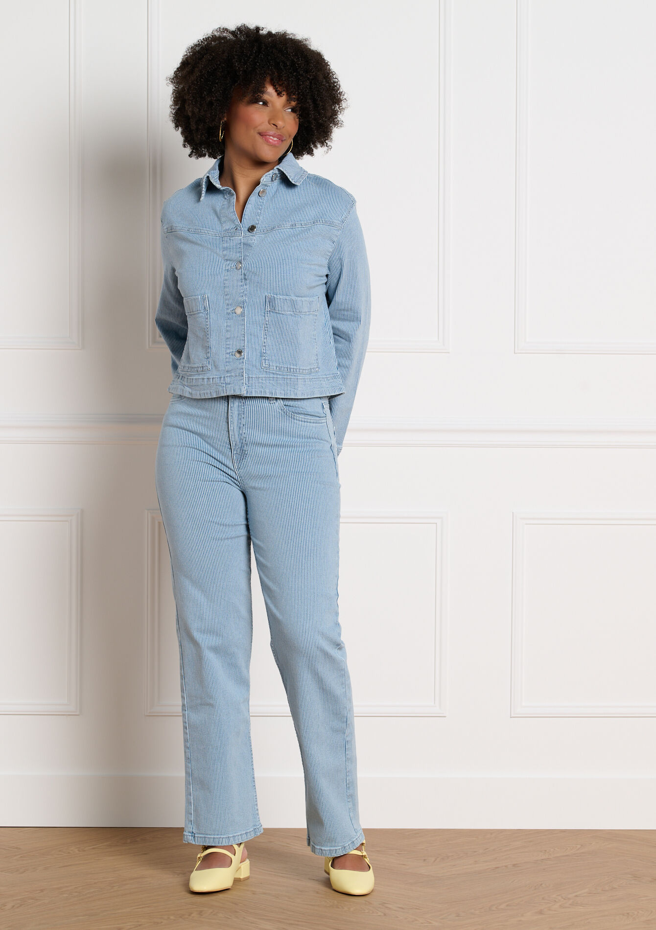 Gestreepte denim broek met rechte pijpen - BLUE DENIM - 06004675_1638