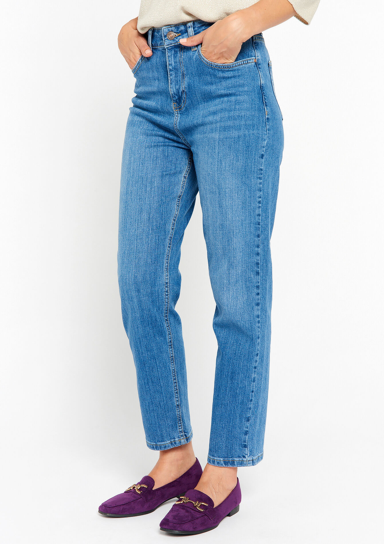 Rechte jeans met hoge taille, Rechte jeans met hoge taille - MEDIUM BLUE - 22000489_0500