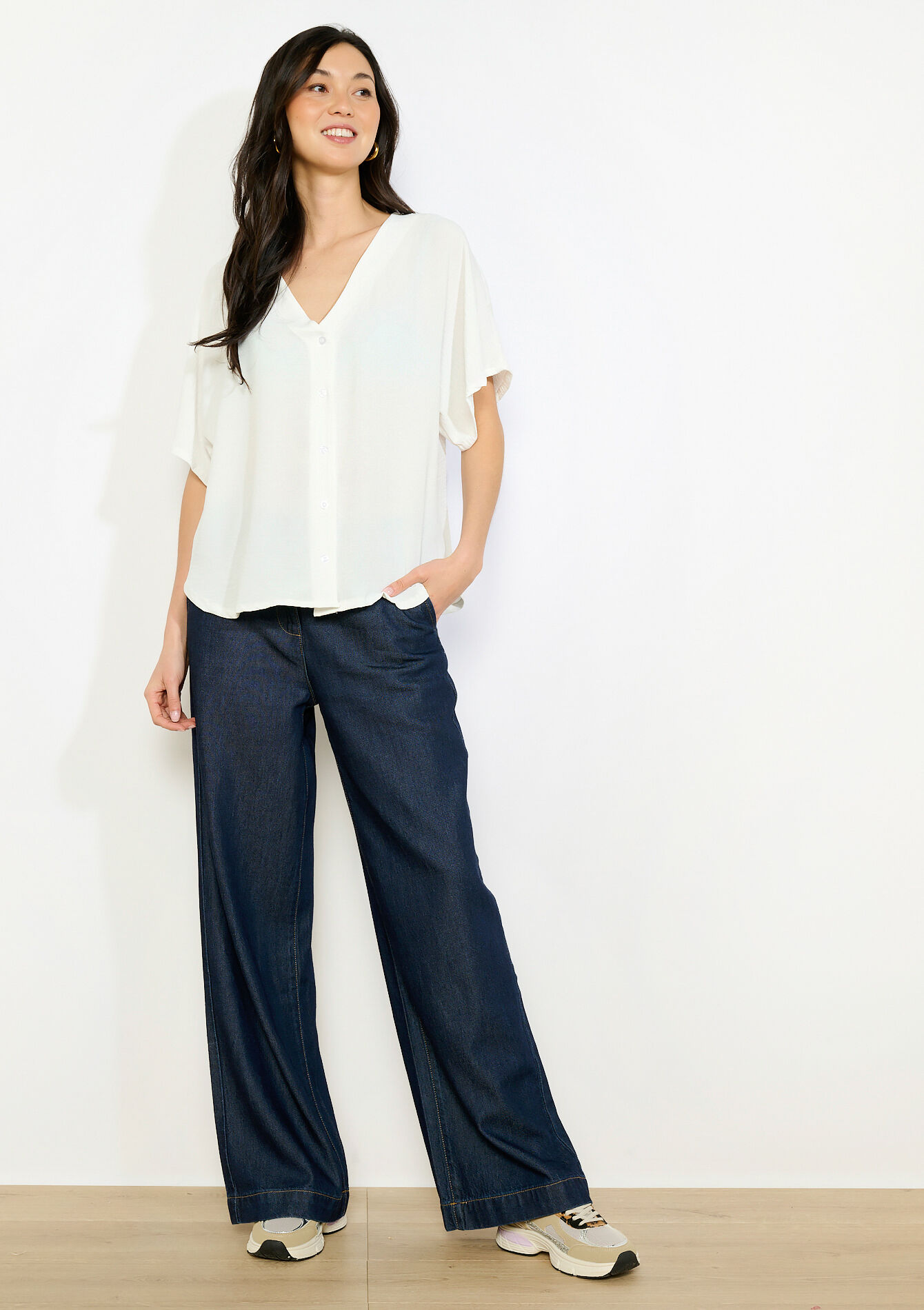 Losvallende blouse met korte mouwen - OPTICAL WHITE - 05703048_1019