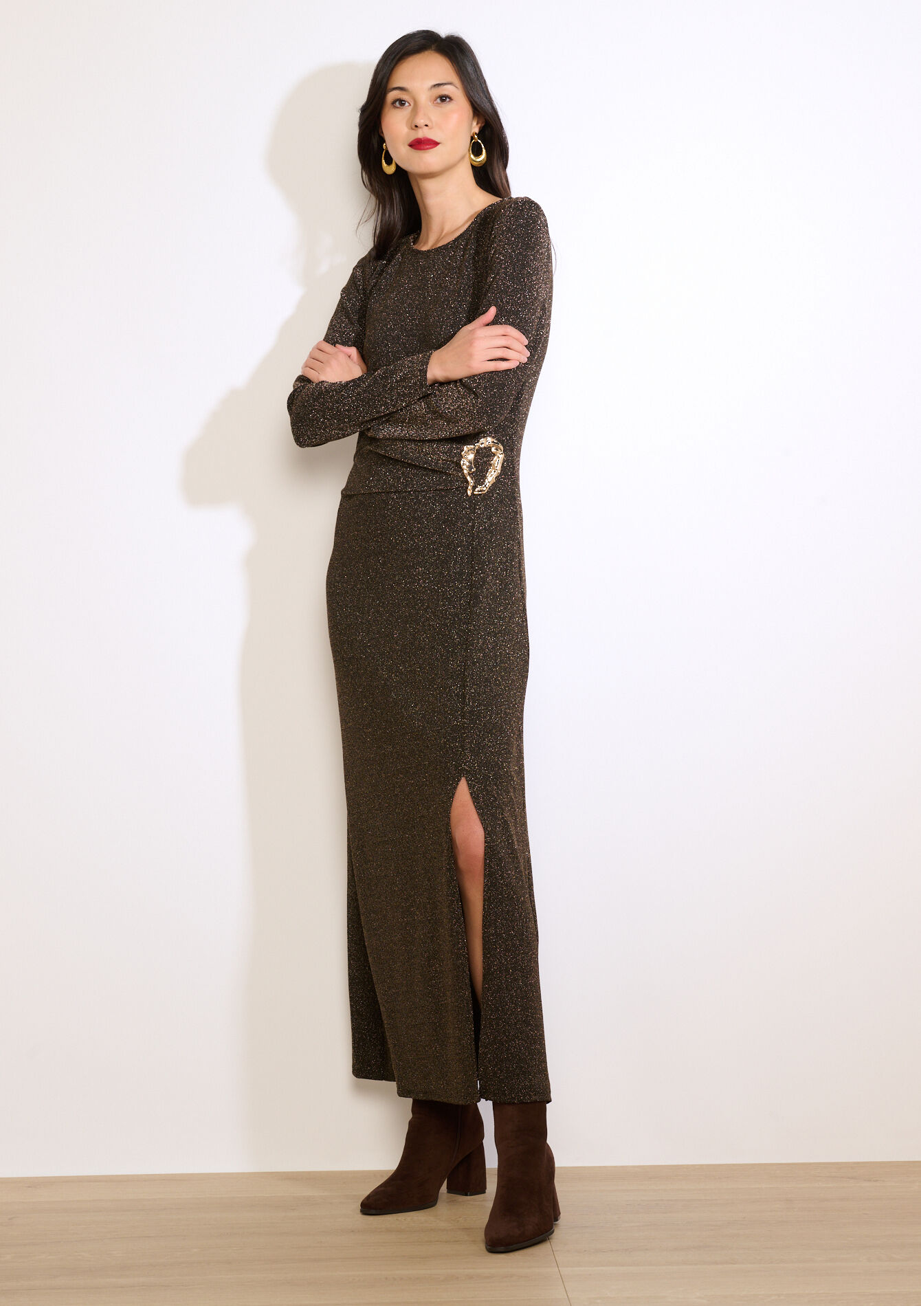 Shiny slit maxi dress - GOLD - 08104416_1058