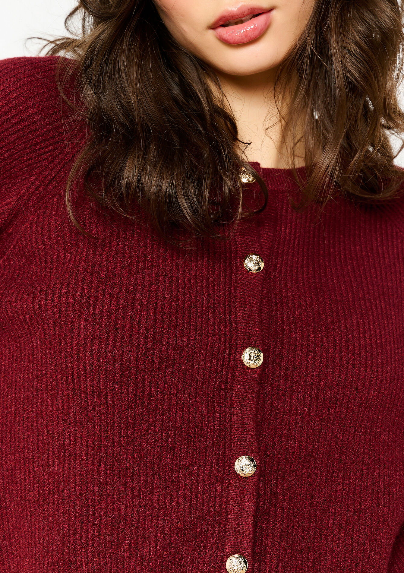 Ribbed cardigan with round neckline, Ribbed cardigan with round neckline - BORDEAUX WINE - 04101253_5514