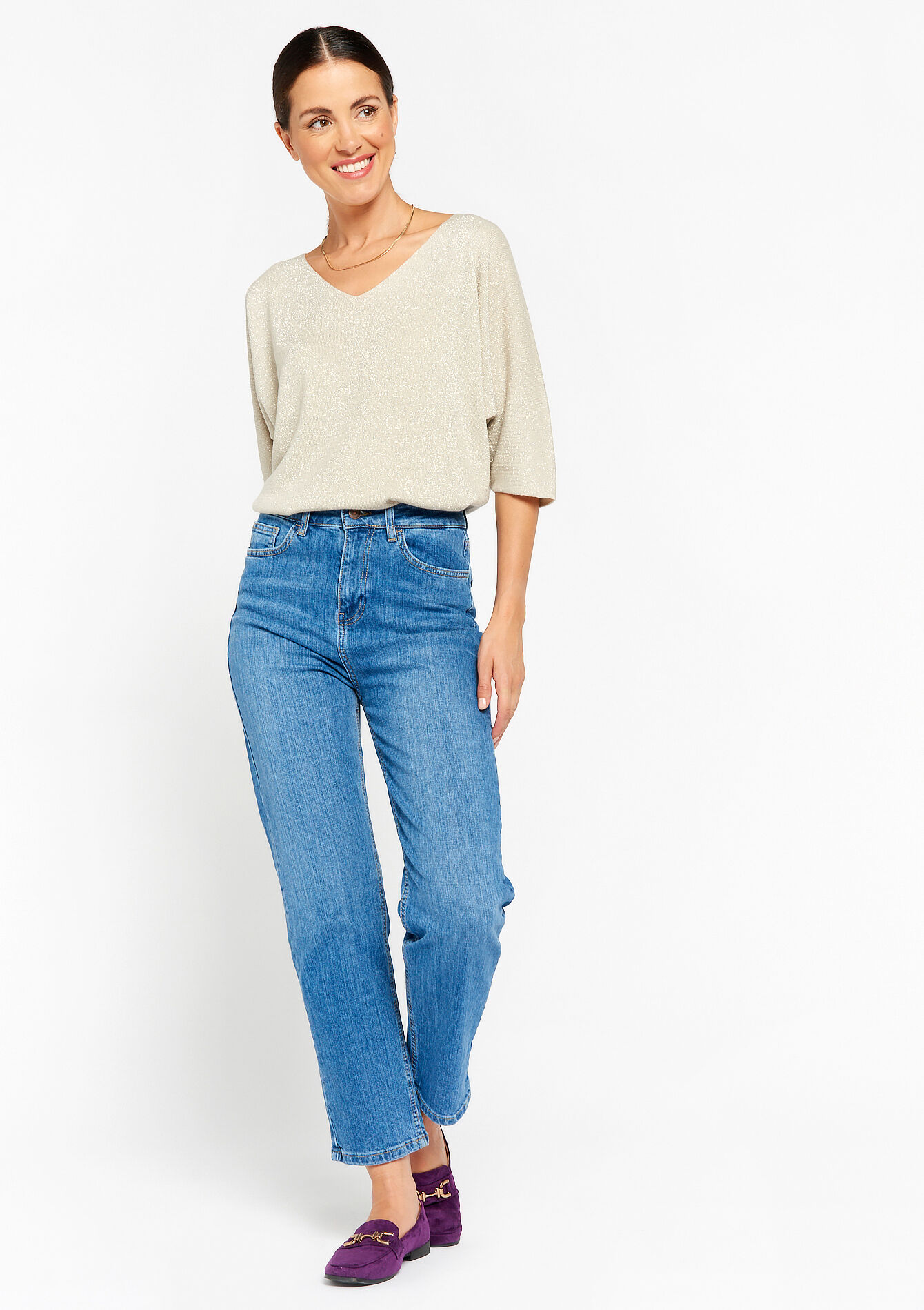 Rechte jeans met hoge taille, Rechte jeans met hoge taille - MEDIUM BLUE - 22000489_0500