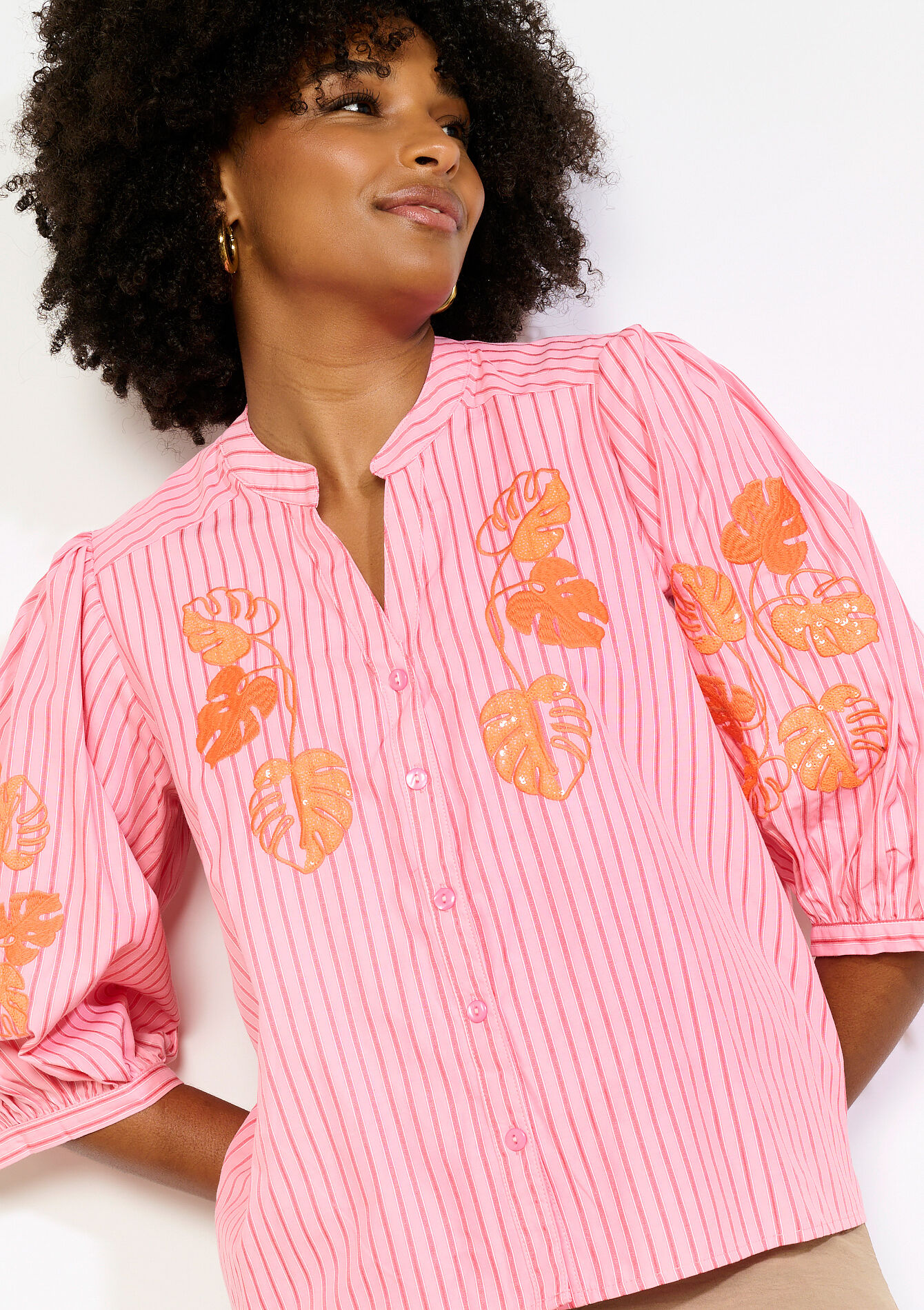 Gestreepte blouse met borduursel - CORAL PINK - 05703038_1968