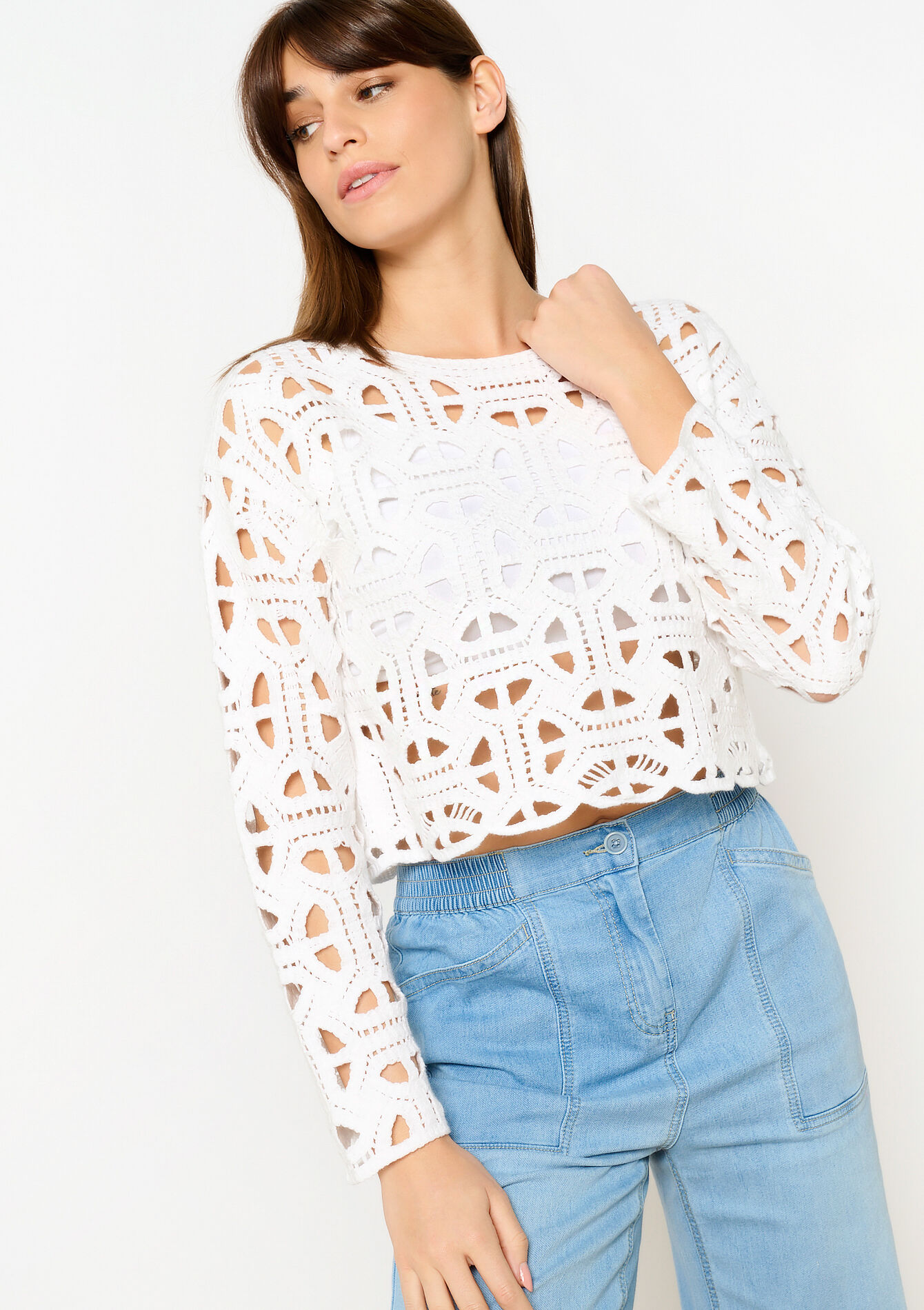 Crochet top with long sleeves, Crochet top with long sleeves - OFFWHITE - 04006695_1001