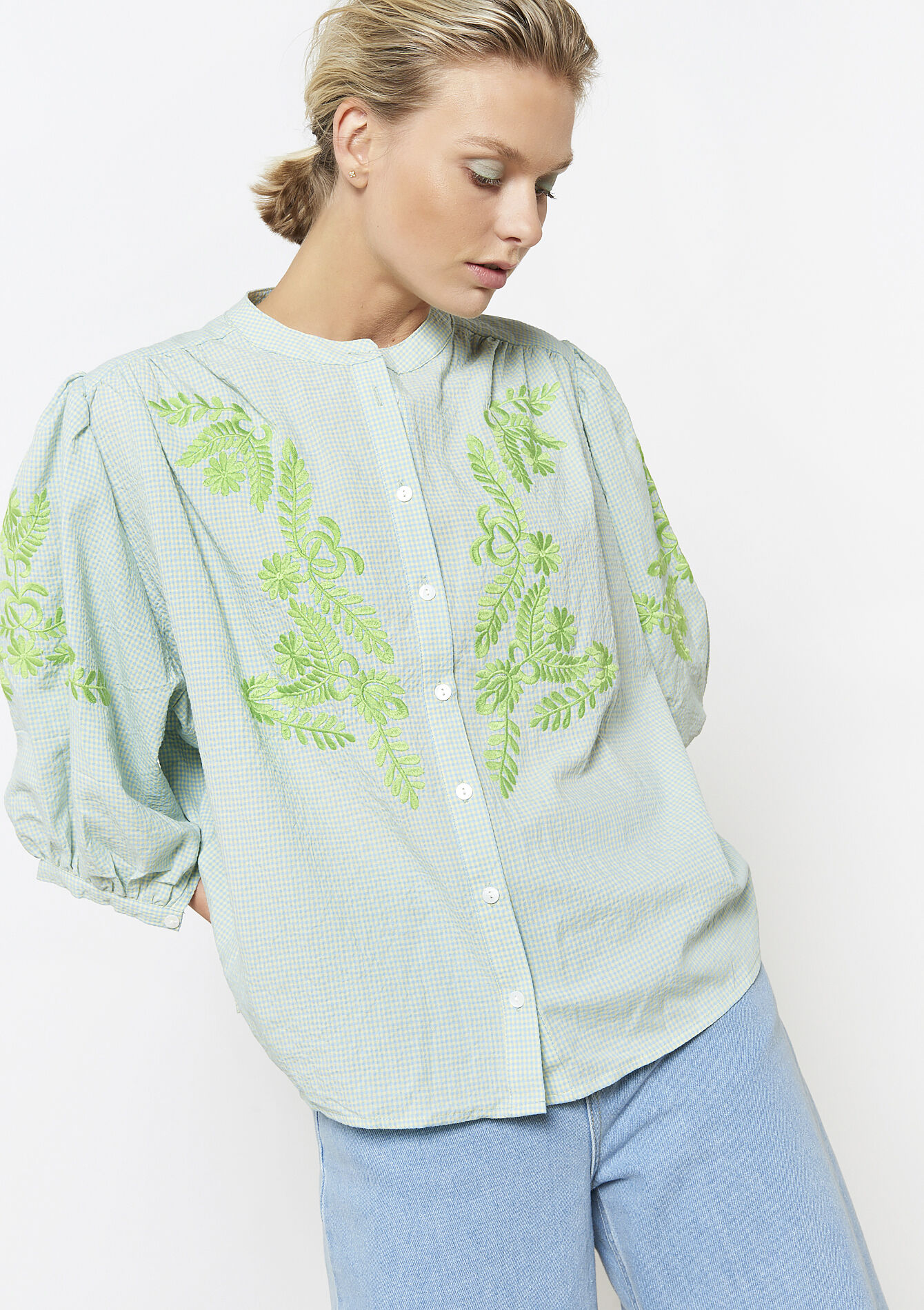 Chemise en vichy avec broderie, Chemise en vichy avec broderie - BLUE PASTEL - 05702721_3003