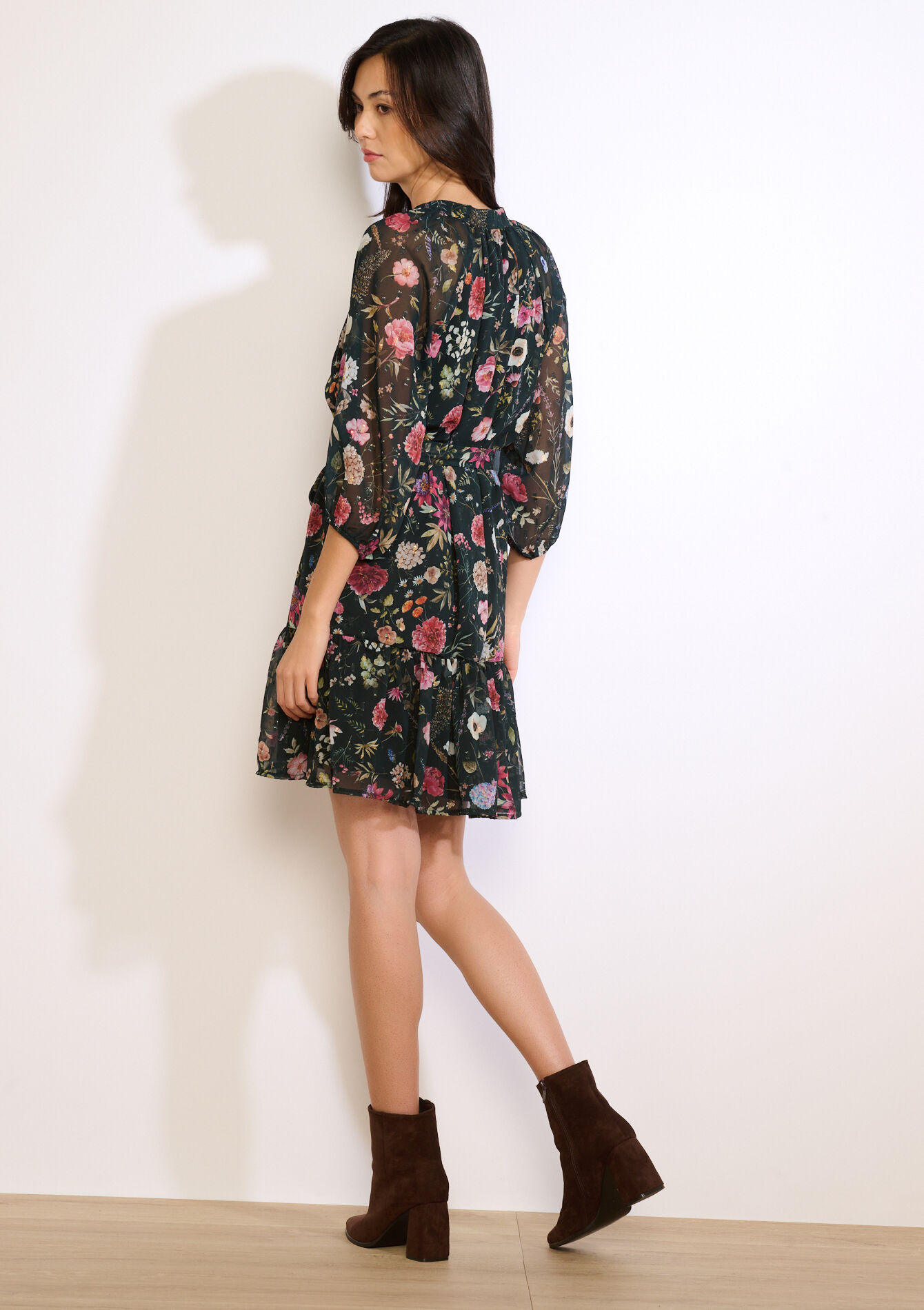 Floral belted short dress - BOTTLE GREEN - 08104310_1778