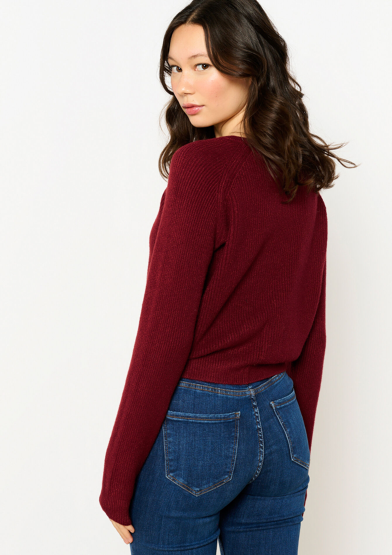 Ribbed cardigan with round neckline, Ribbed cardigan with round neckline - BORDEAUX WINE - 04101253_5514