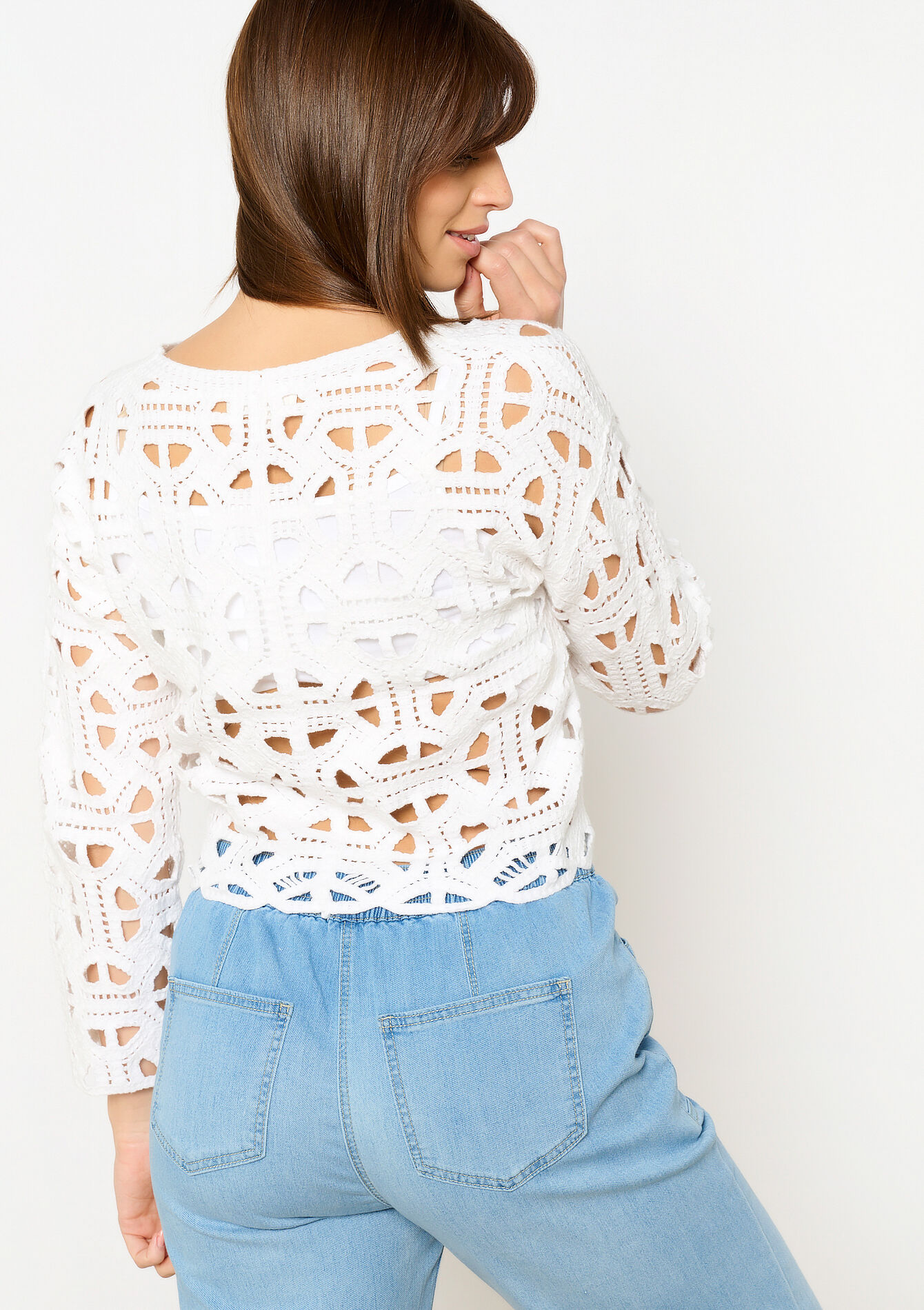 Crochet top with long sleeves, Crochet top with long sleeves - OFFWHITE - 04006695_1001