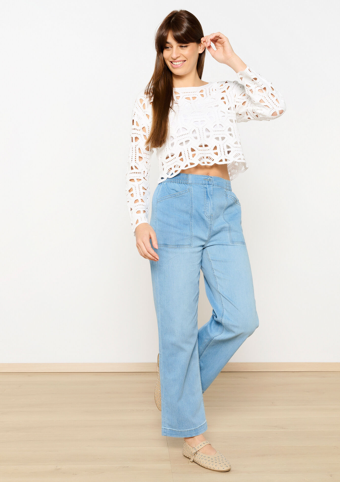 Crochet top with long sleeves, Crochet top with long sleeves - OFFWHITE - 04006695_1001