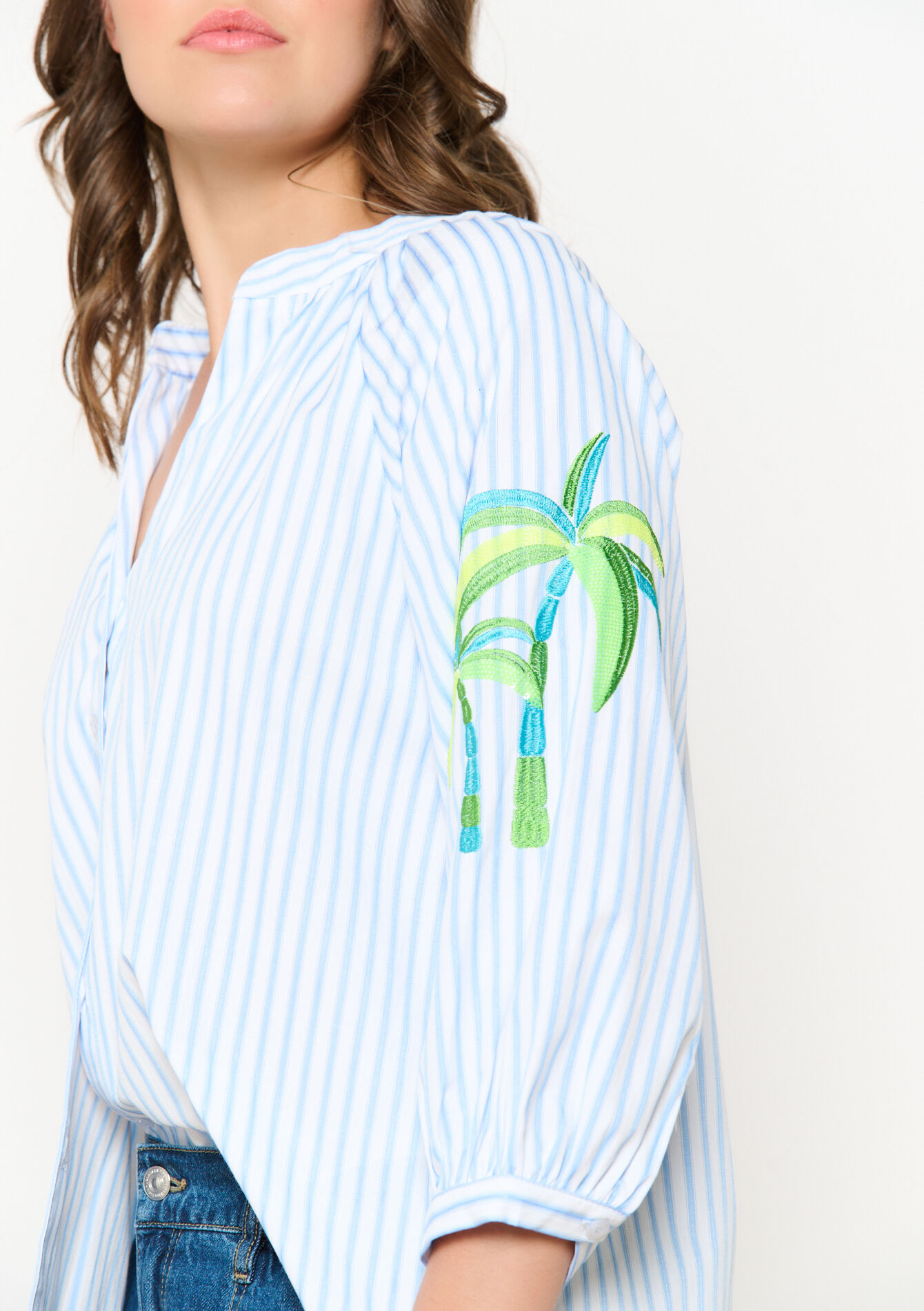 Chemise avec palmiers brodés, Chemise avec palmiers brodés - BLUE PASTEL - 05702723_3003