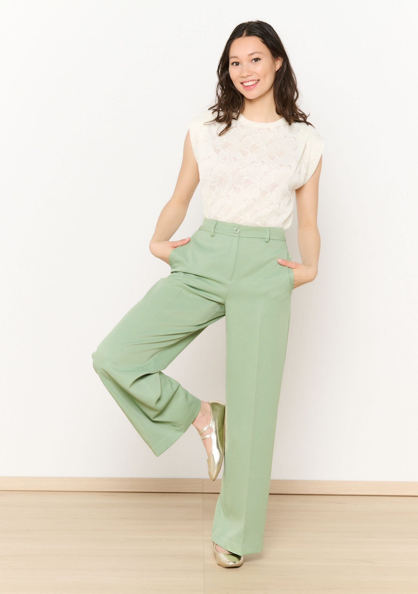 Wide leg broek in twill, Wide leg broek in twill - MINT GREEN - 06600957_1723