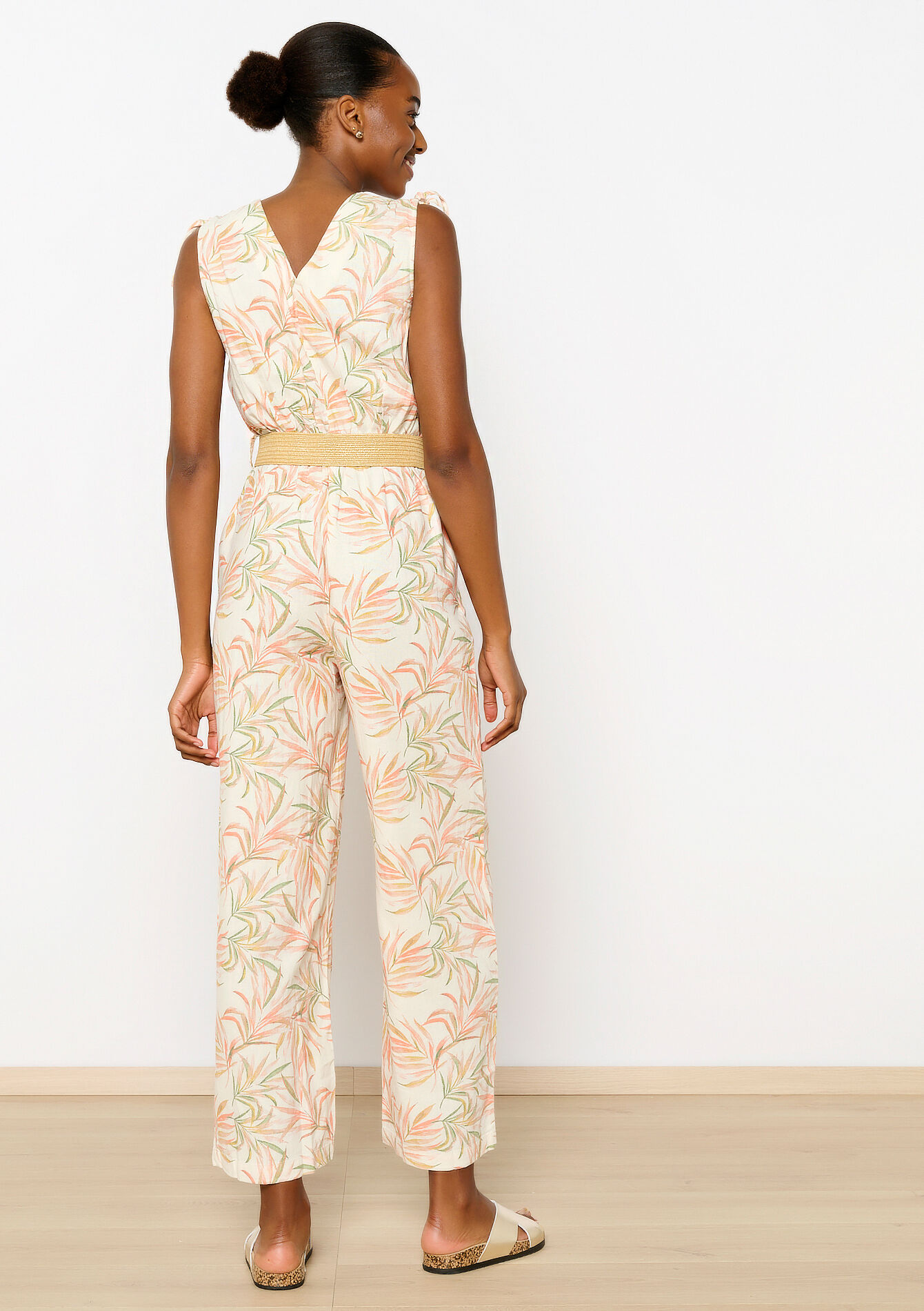 Linen jumpsuit with leaf print, Linen jumpsuit with leaf print - OFFWHITE - 06004473_1001