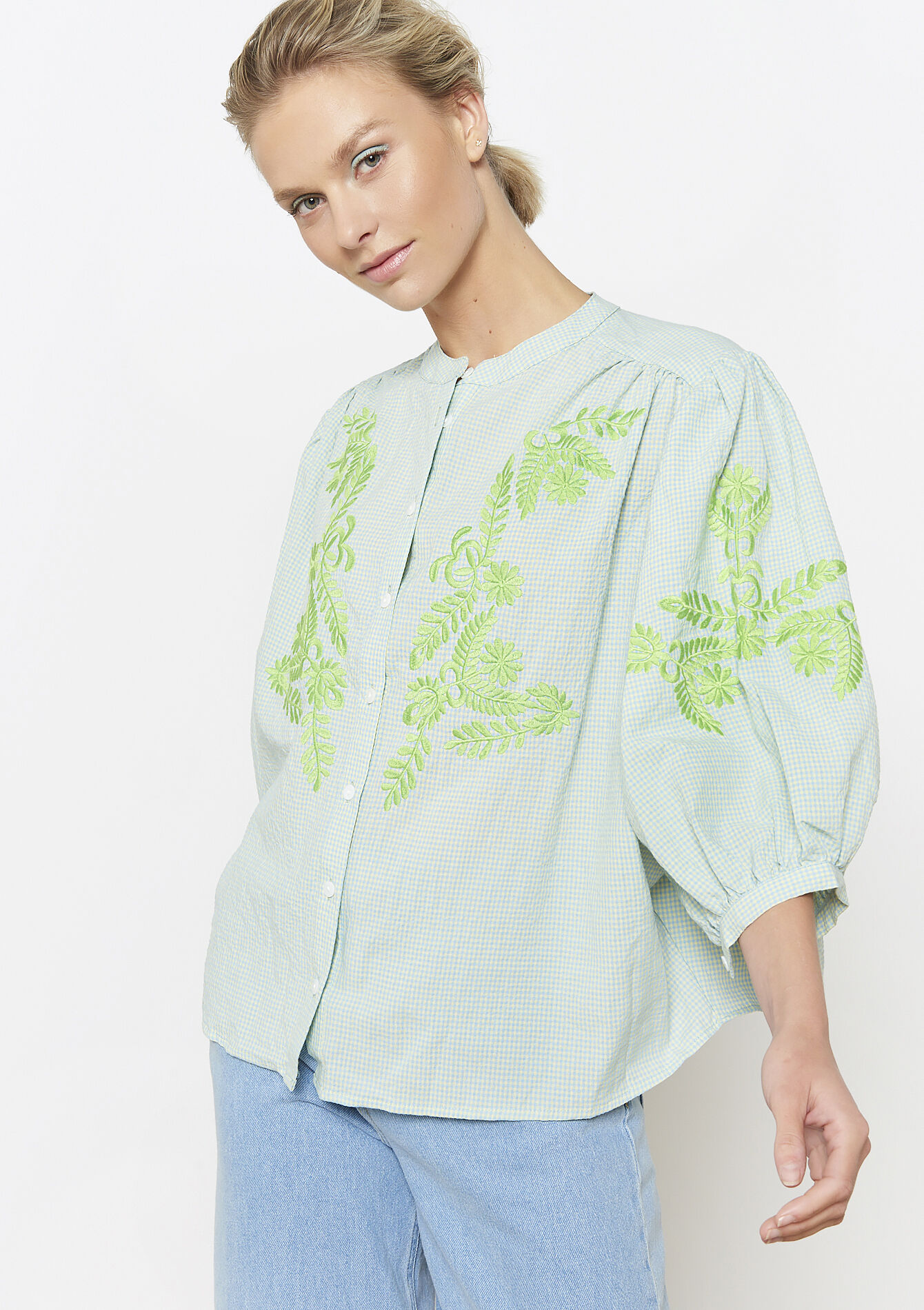 Chemise en vichy avec broderie, Chemise en vichy avec broderie - BLUE PASTEL - 05702721_3003