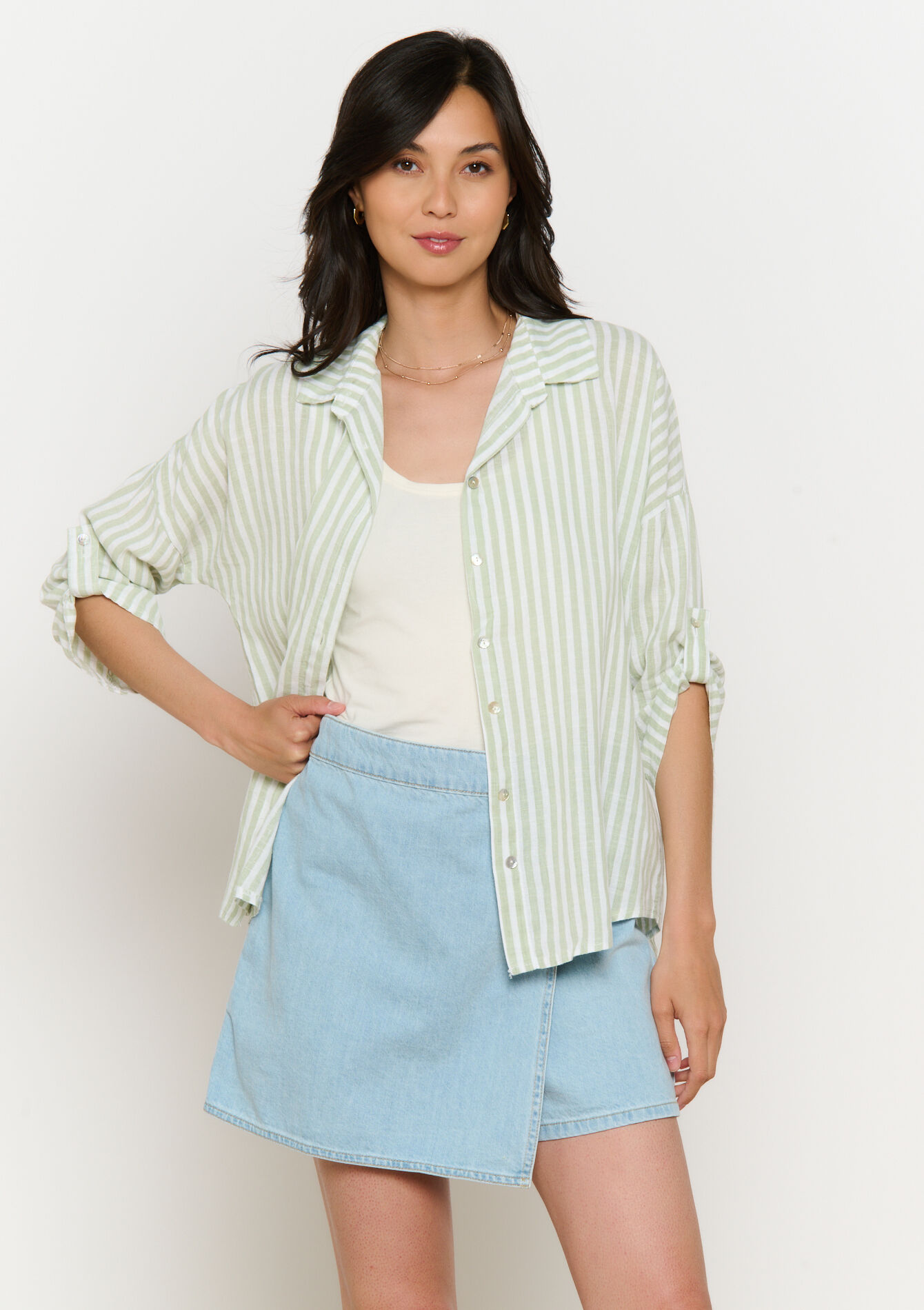 Losvallende streepjesblouse, Losvallende streepjesblouse - KHAKI MINT - 05702837_2542