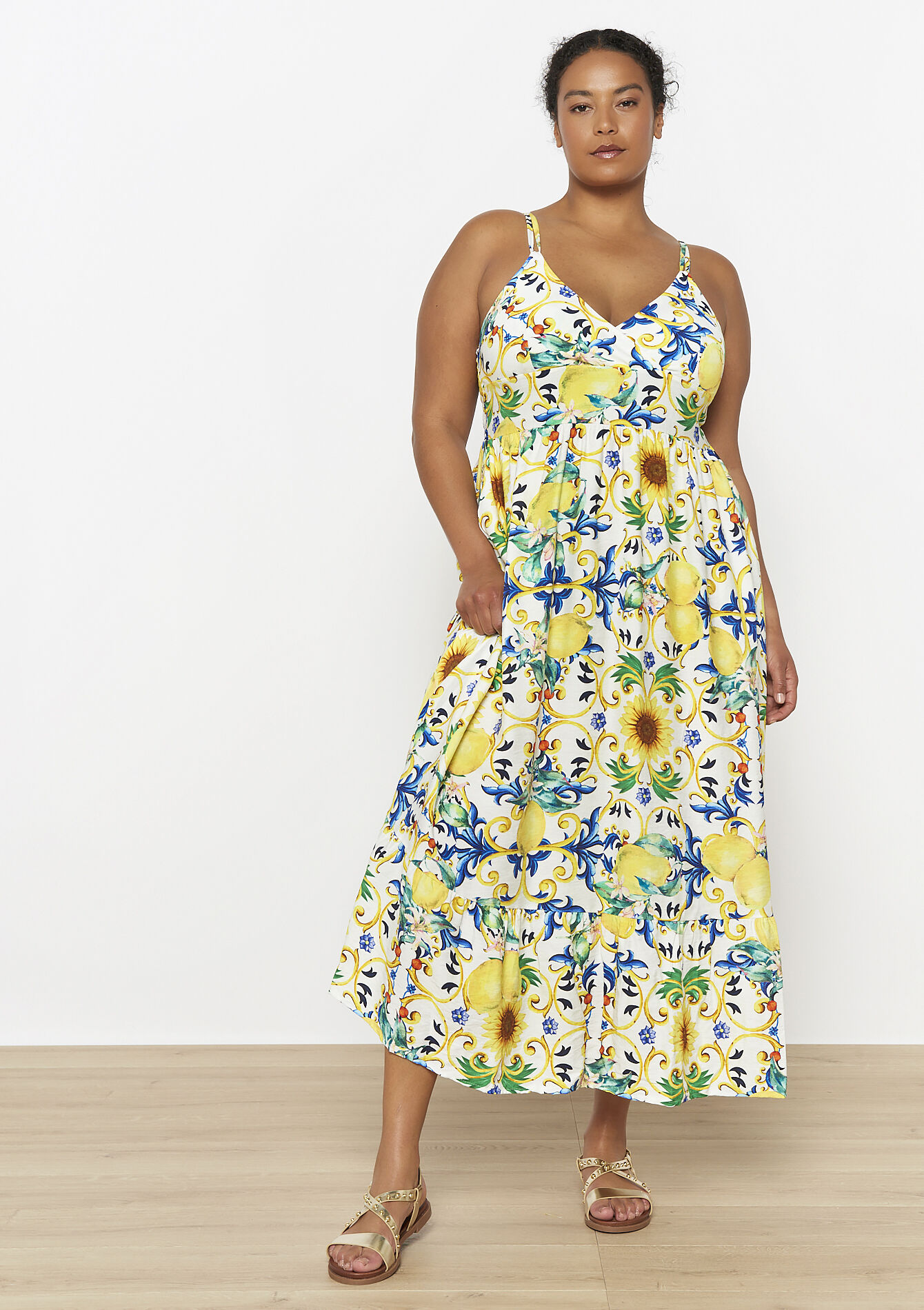 Robe longue imprimée citron, Robe longue imprimée citron - YELLOW PASTEL - 08104151_5004