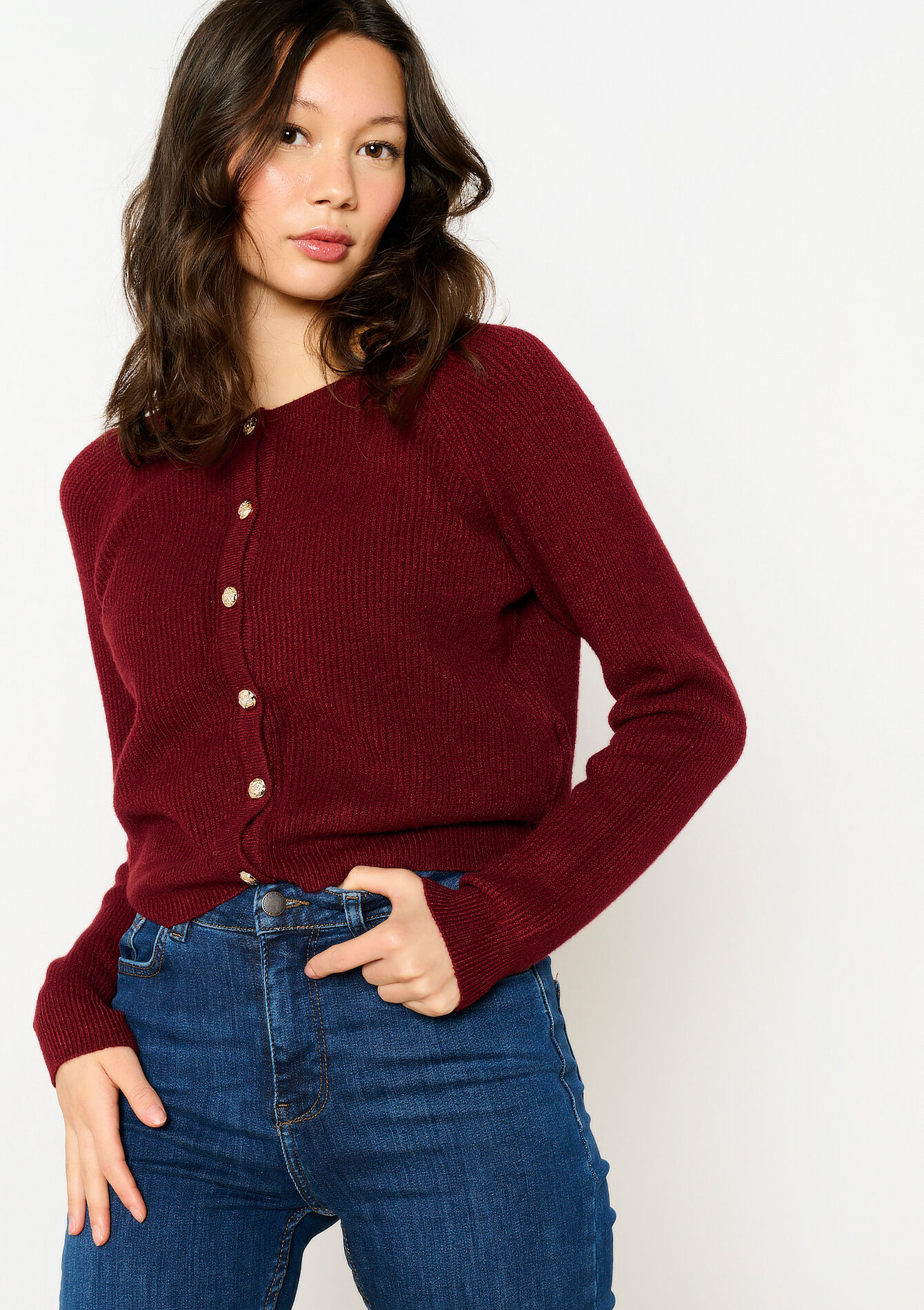Ribbed cardigan with round neckline, Ribbed cardigan with round neckline - BORDEAUX WINE - 04101253_5514