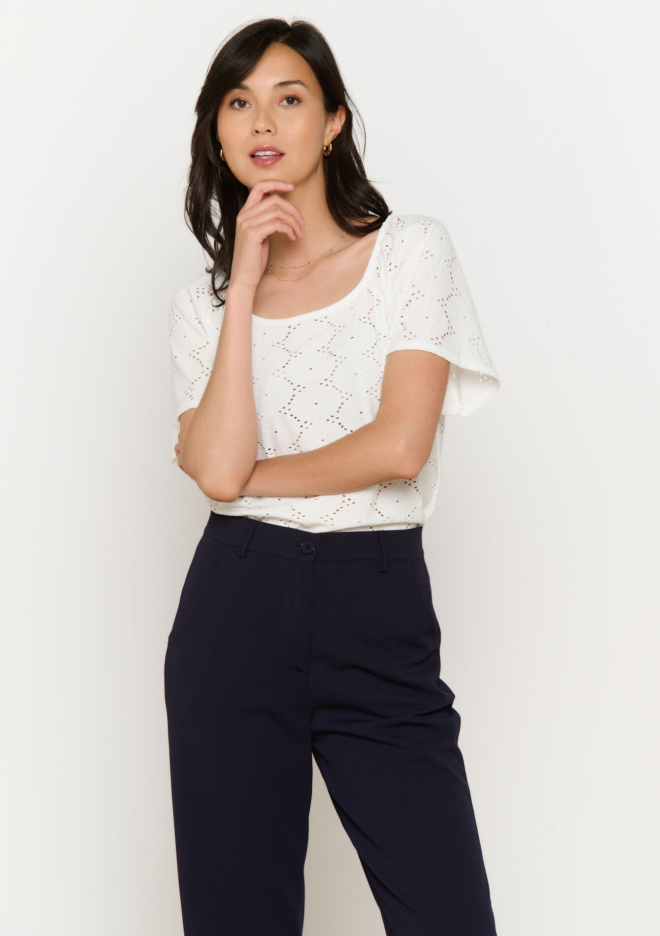 Broderie T-shirt met korte mouwen, Broderie T-shirt met korte mouwen - OPTICAL WHITE - 02301813_1019