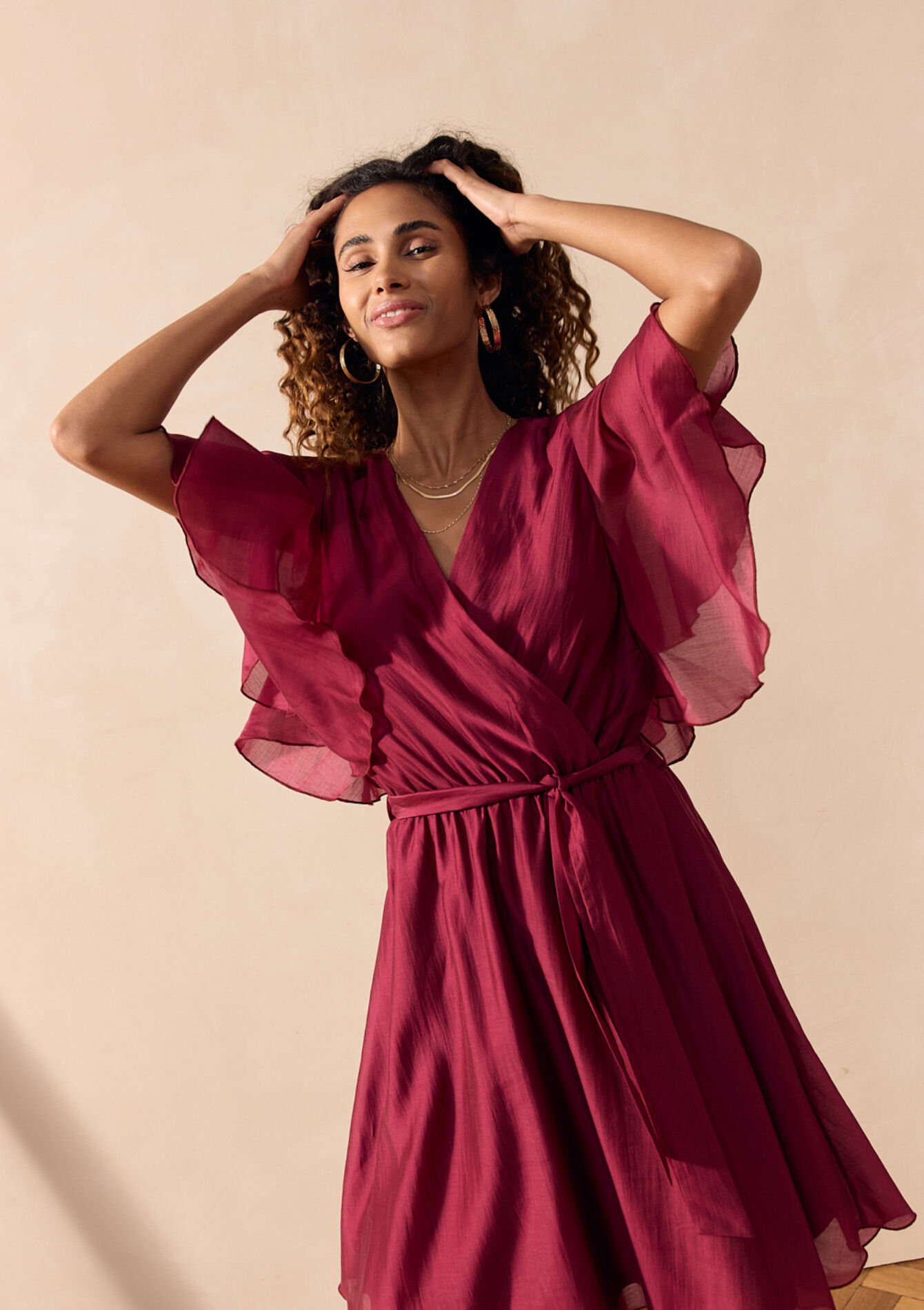 Dress with loose butterfly sleeves, Dress with loose butterfly sleeves - BORDEAU WINE - 08104008_1467