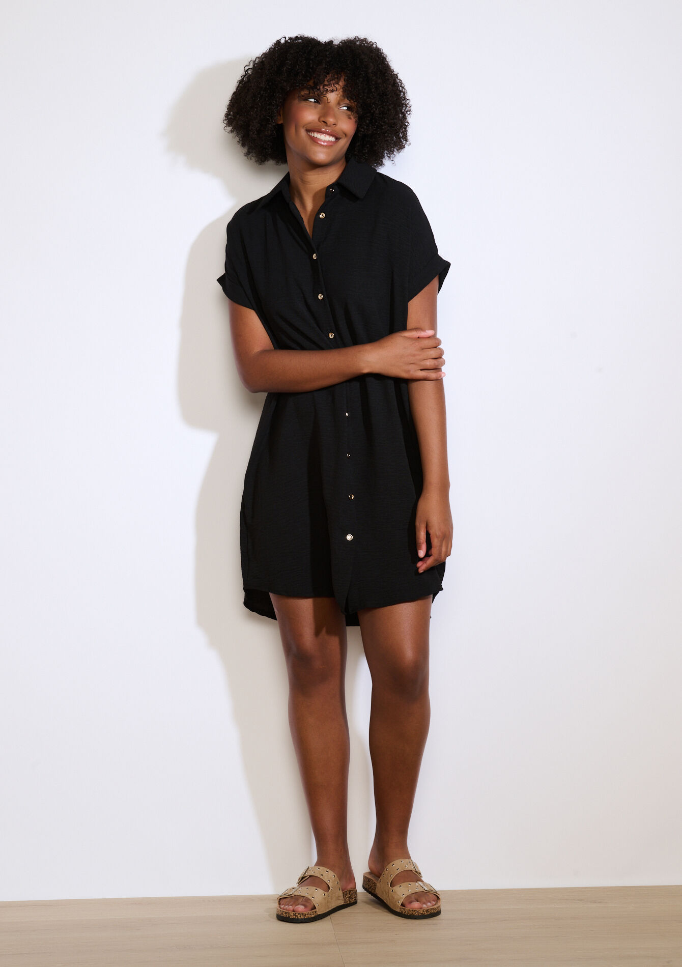 Short loose shirt dress, Short loose shirt dress - BLACK - 08104244_1119
