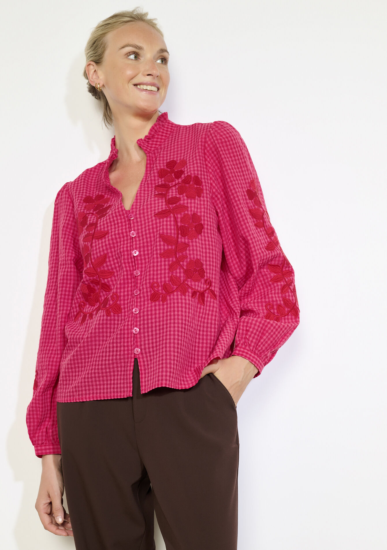 Losvallende geborduurde blouse - FUCHSIA - 05702910_5626