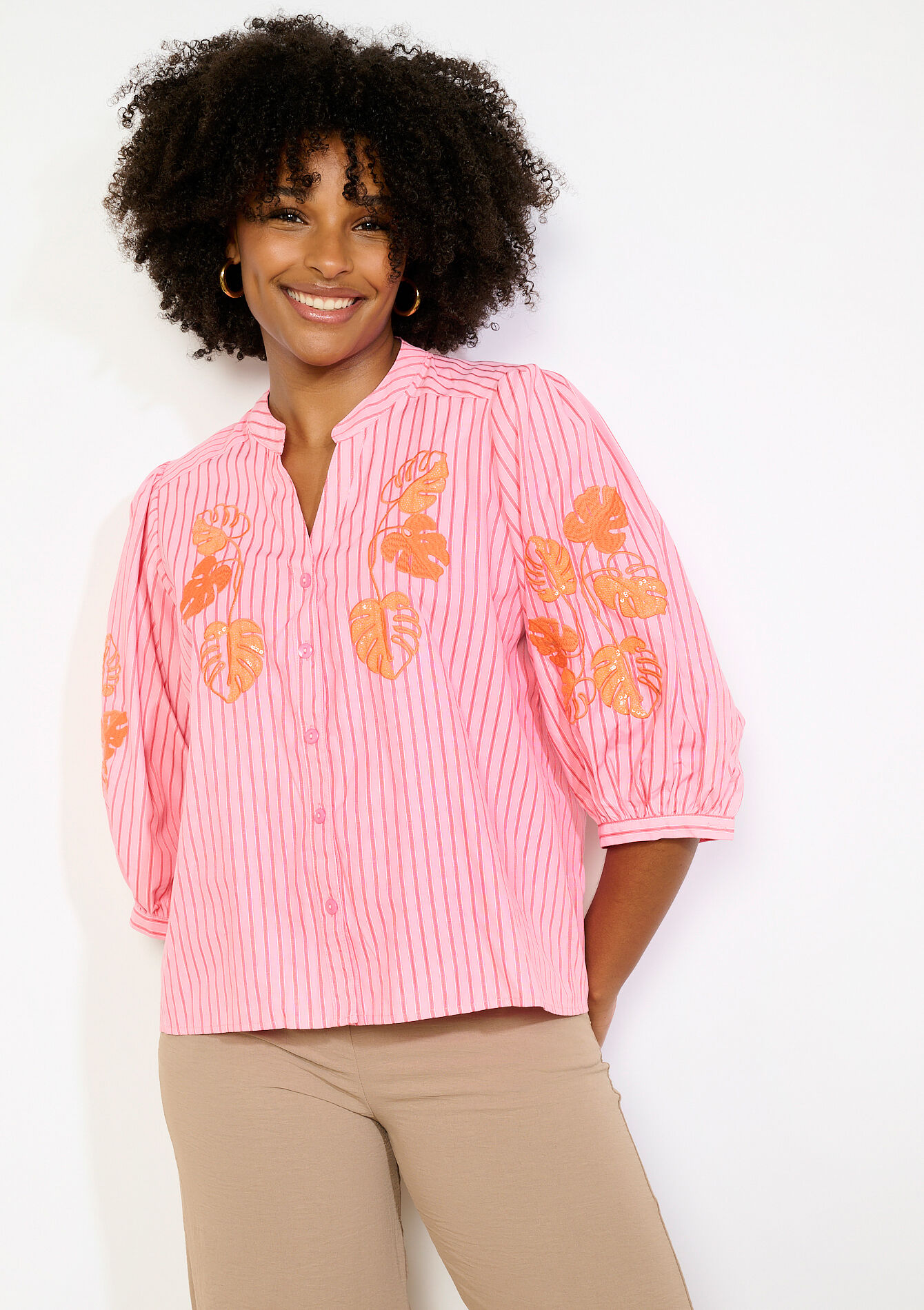 Gestreepte blouse met borduursel - CORAL PINK - 05703038_1968