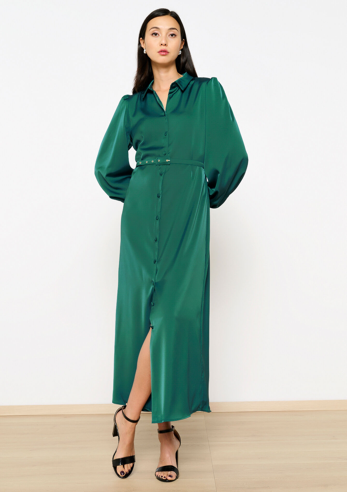 Satin dress with belt, Satin dress with belt - BOTTLE GREEN - 08103853_1778