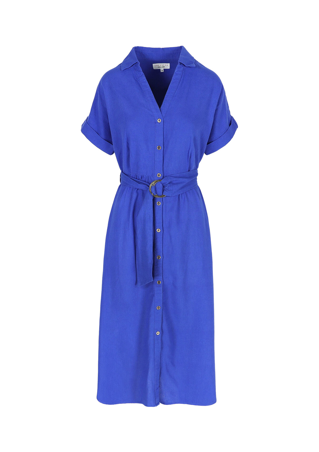 Linen shirt dress with belt, Linen shirt dress with belt - ELECTRIC BLUE - 08103885_1619